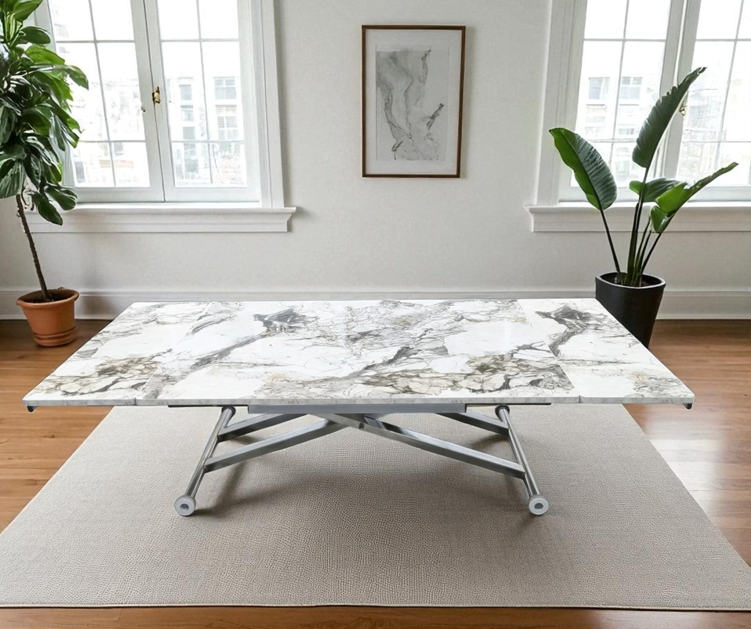 Smart Side-Opening Desk | White Marble MDF & Chrome Legs