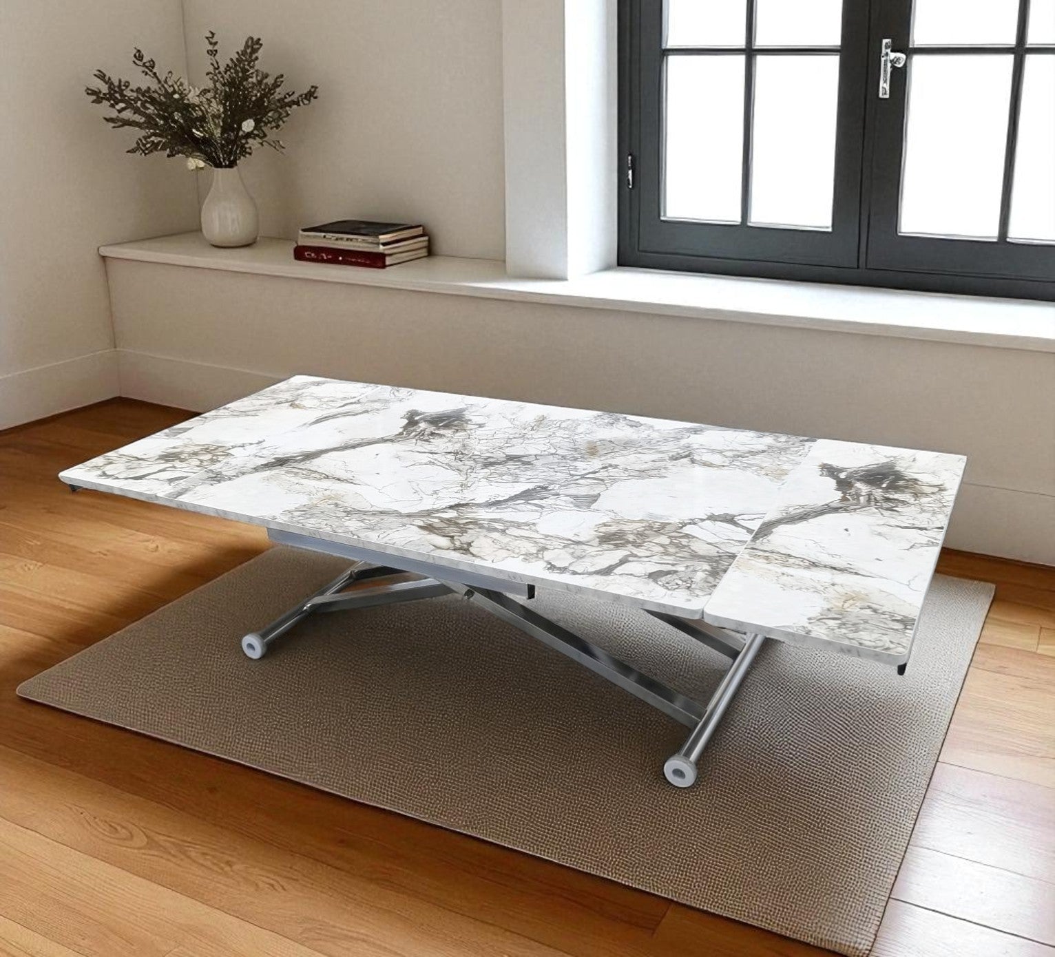 Smart Side-Opening Desk | White Marble MDF & Chrome Legs