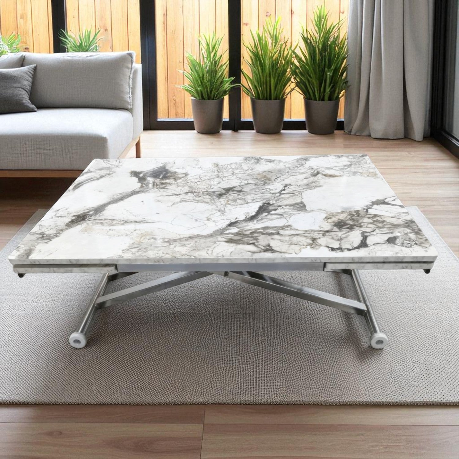 Smart Side-Opening Desk | White Marble MDF & Chrome Legs
