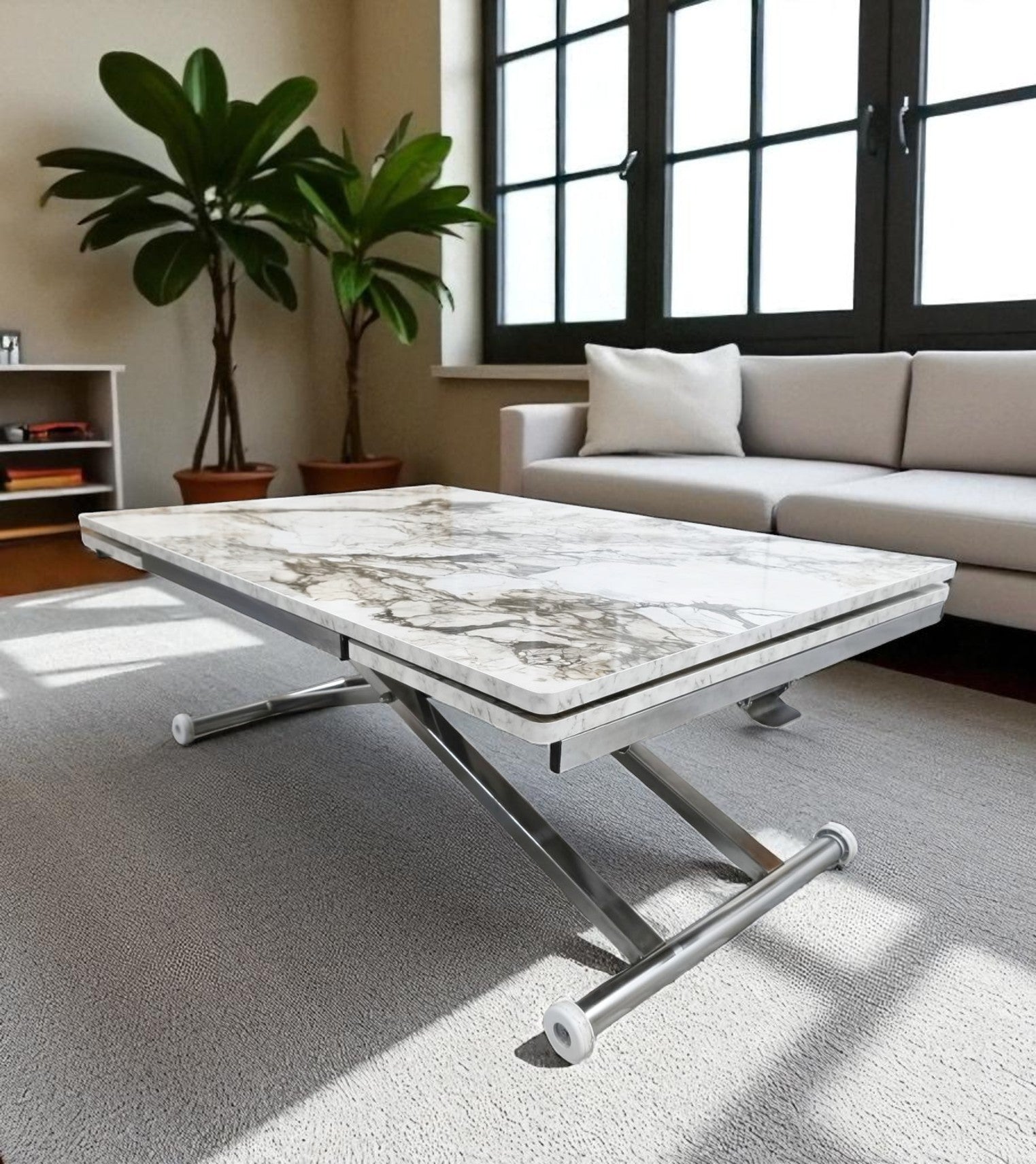 Smart Side-Opening Desk | White Marble MDF & Chrome Legs