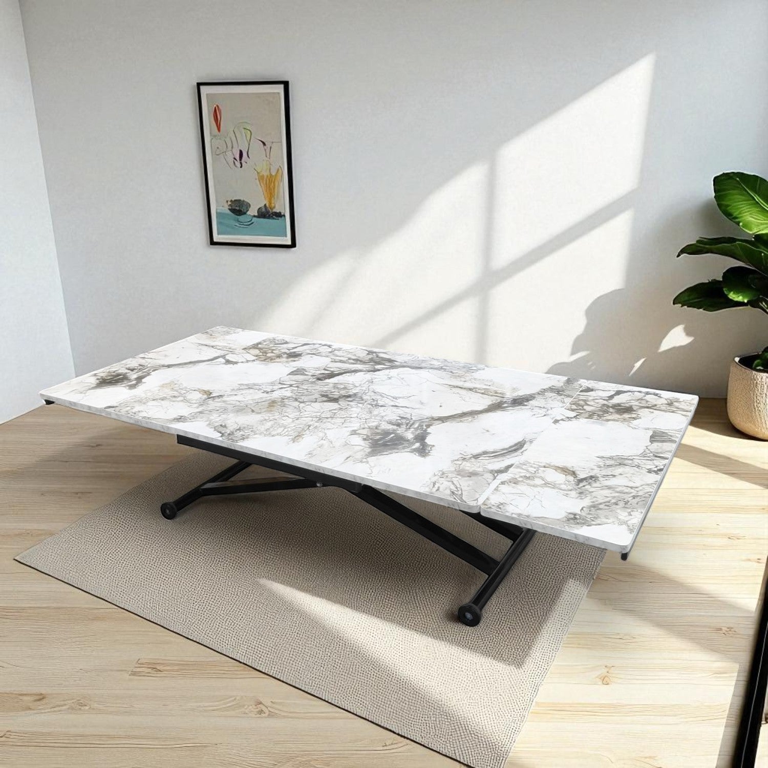 Smart Extendable Dining Table | White Marble MDF & Black Legs