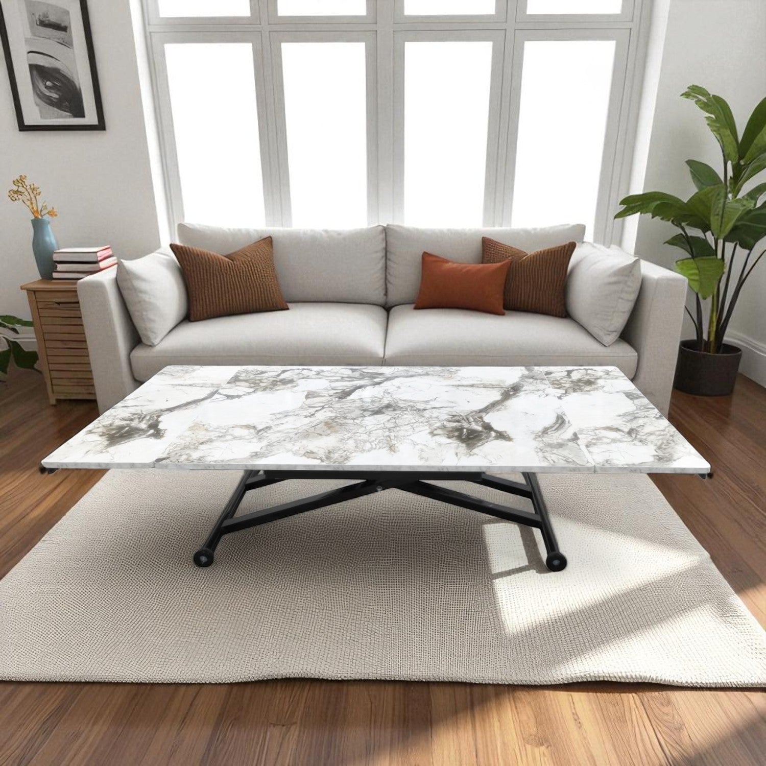 Smart Extendable Dining Table | White Marble MDF & Black Legs