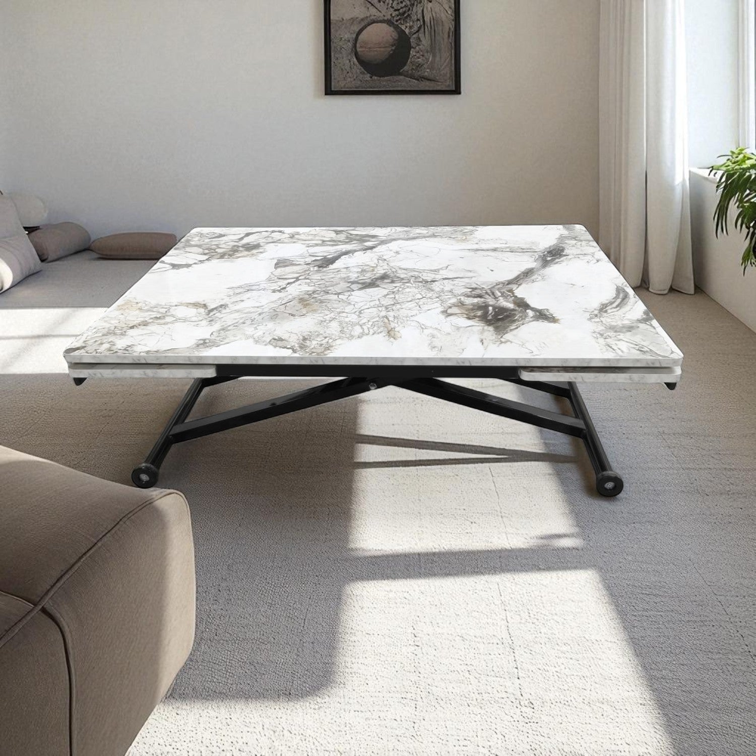 Smart Extendable Dining Table | White Marble MDF & Black Legs