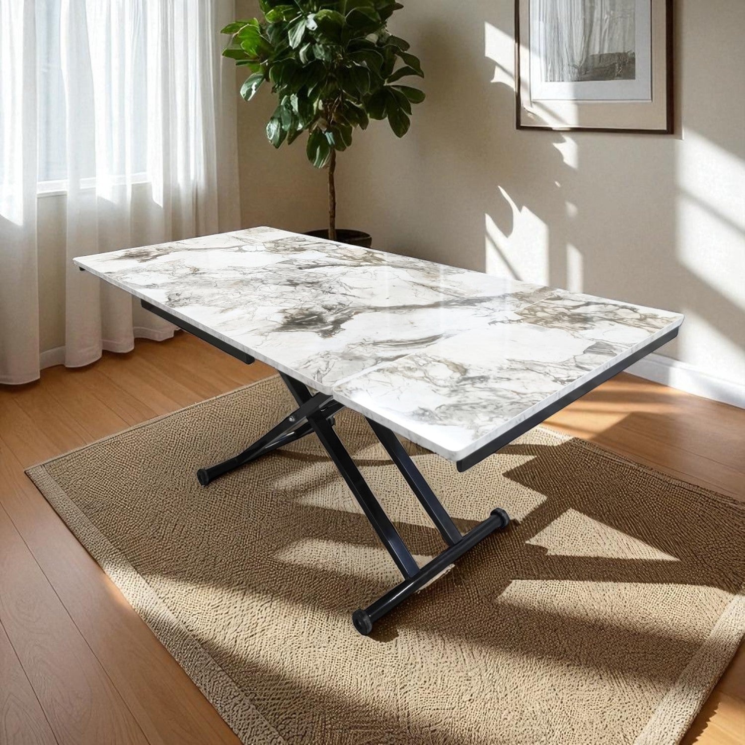 Smart Extendable Dining Table | White Marble MDF & Black Legs