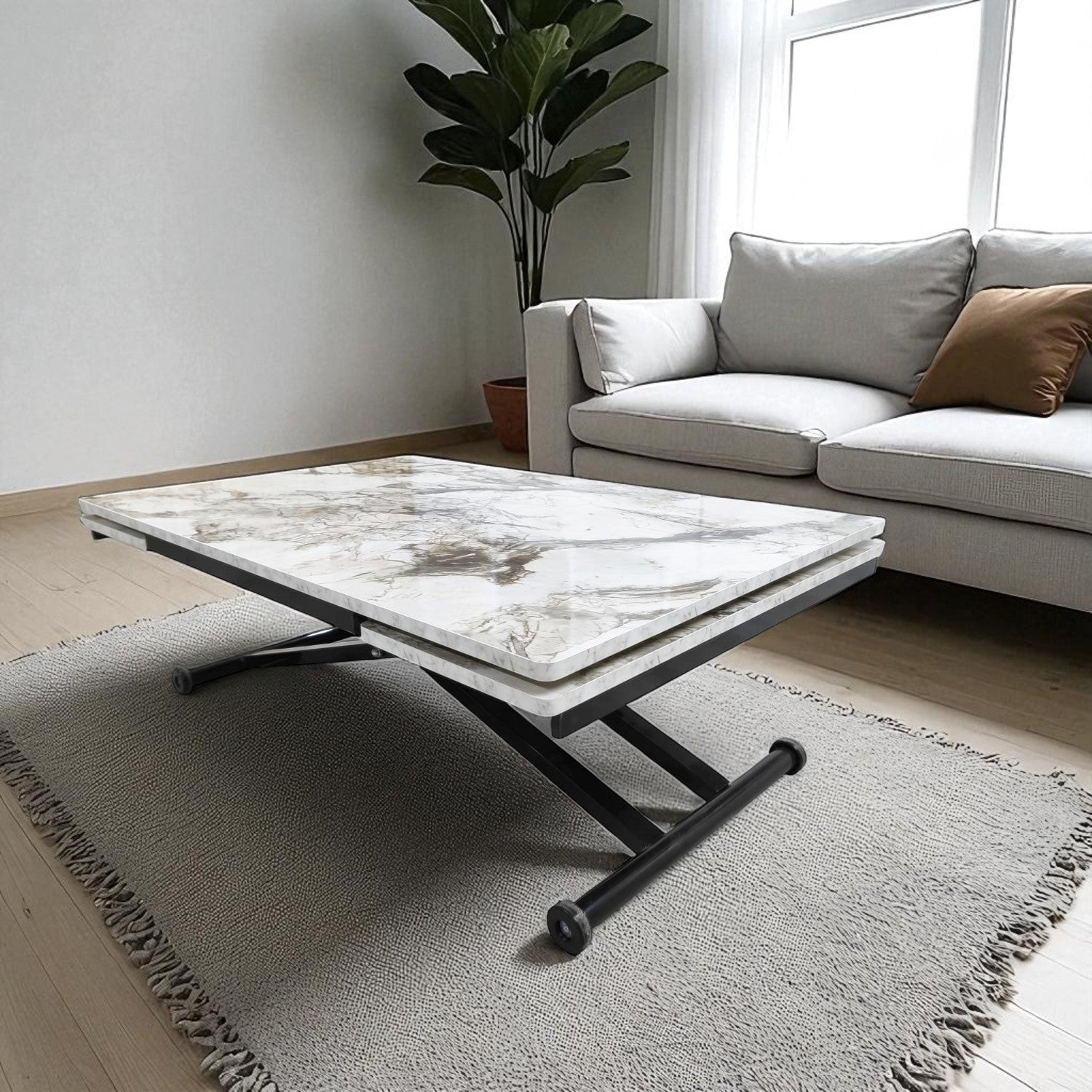 Smart Extendable Dining Table | White Marble MDF & Black Legs