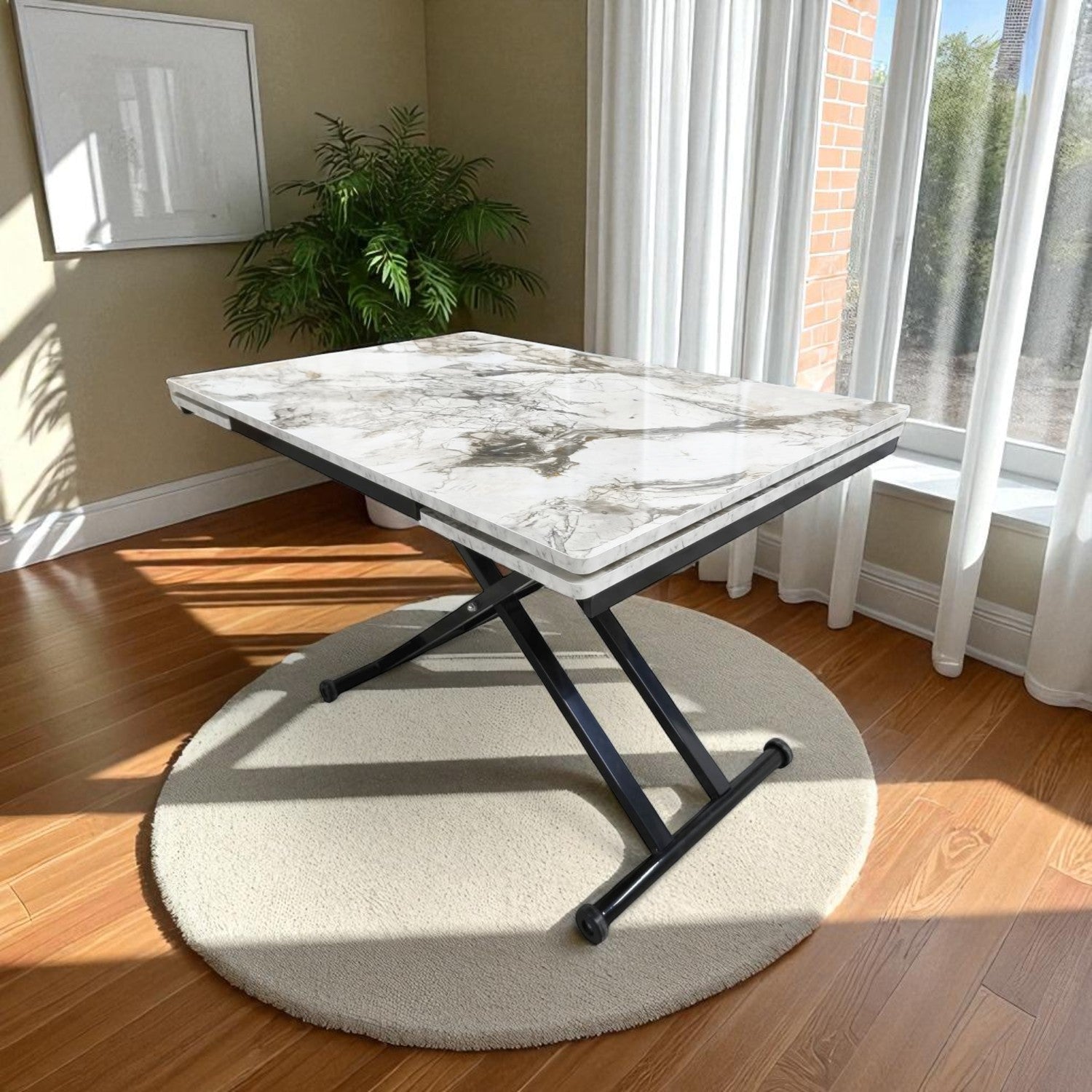 Smart Extendable Dining Table | White Marble MDF & Black Legs
