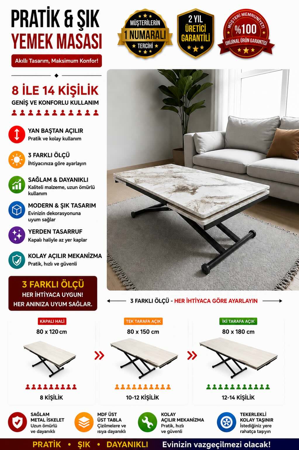 Smart Extendable Dining Table | White Marble MDF & Black Legs