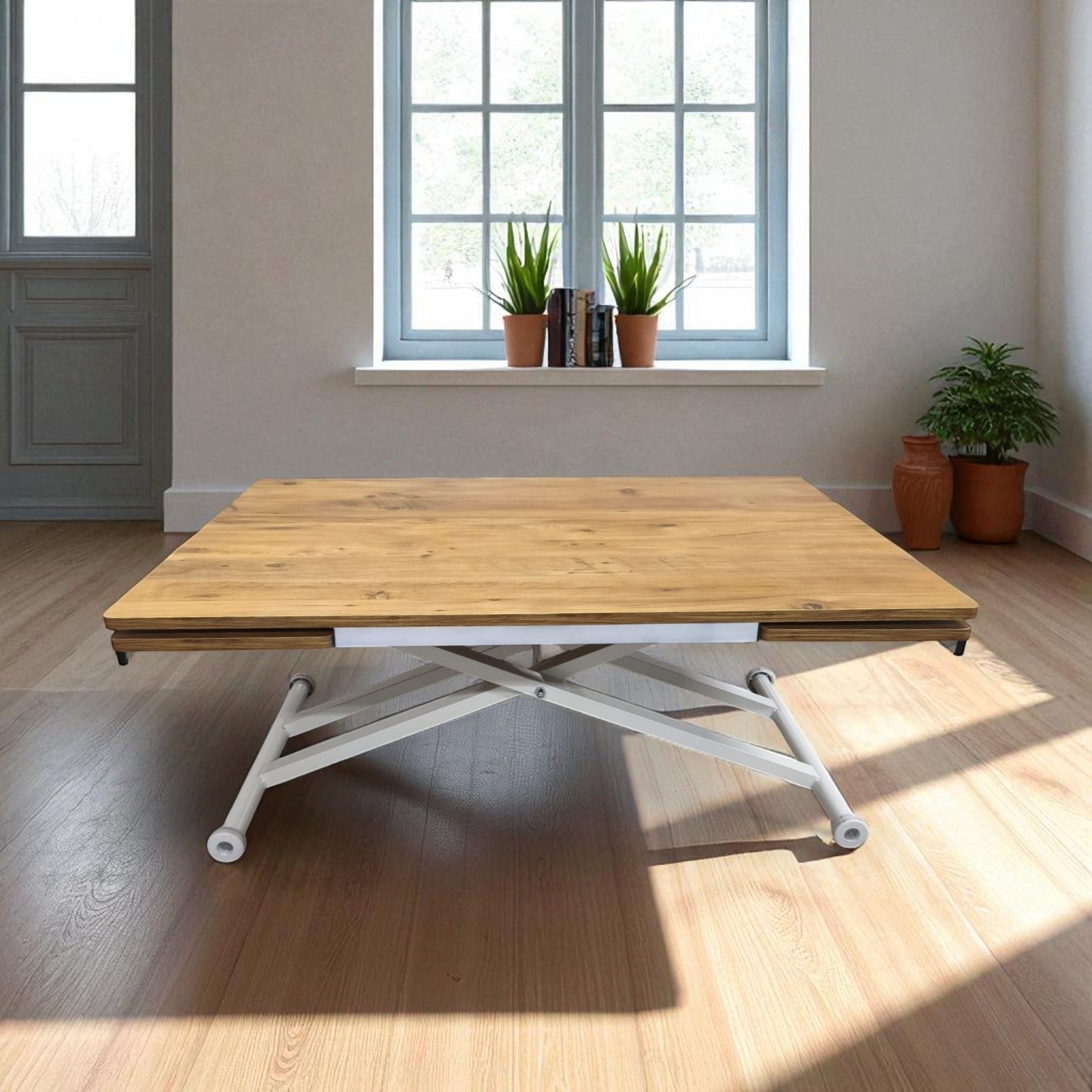 Side-Opening Smart Table | Efes Pine MDF & White Legs