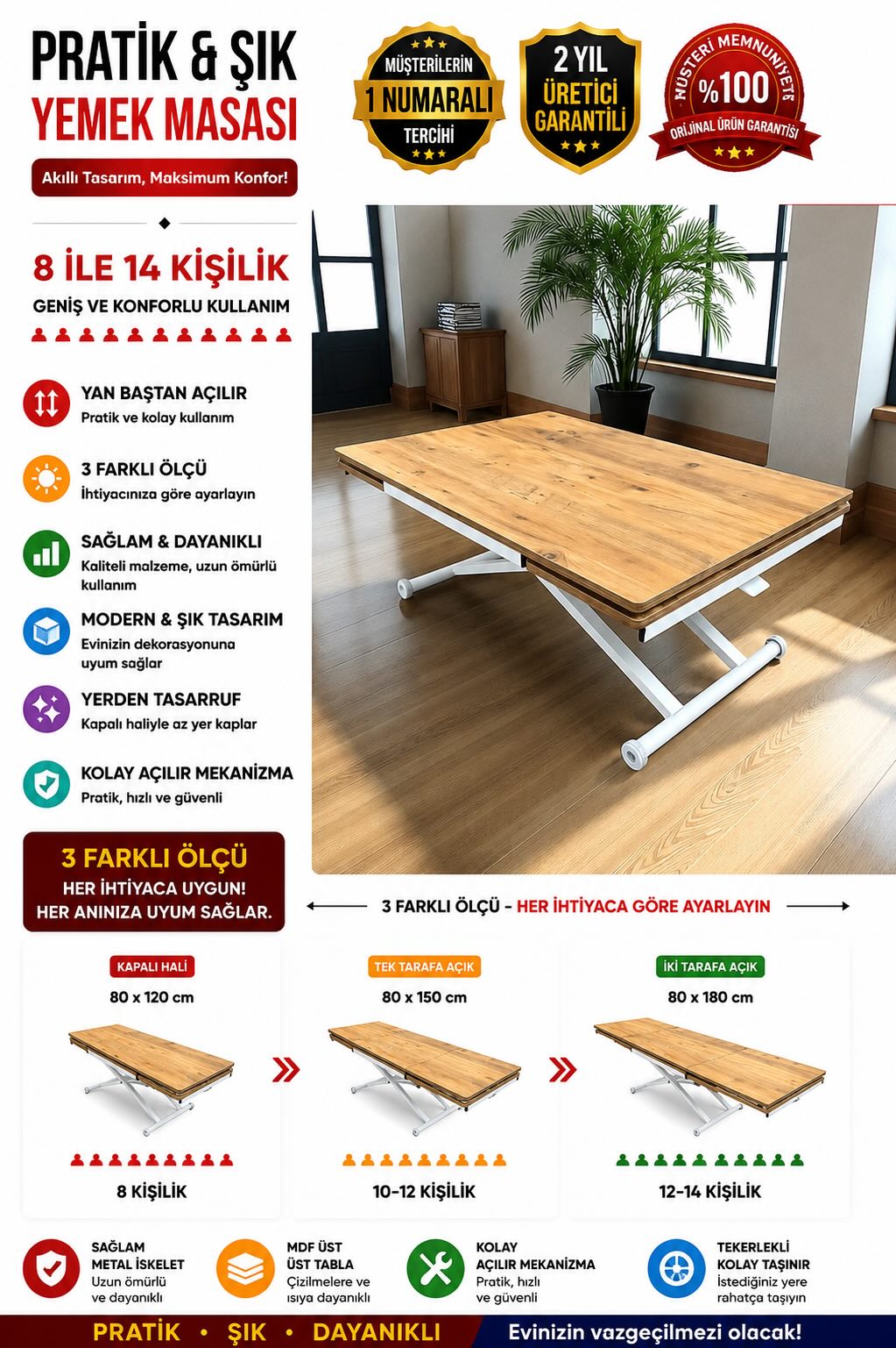 Side-Opening Smart Table | Efes Pine MDF & White Legs