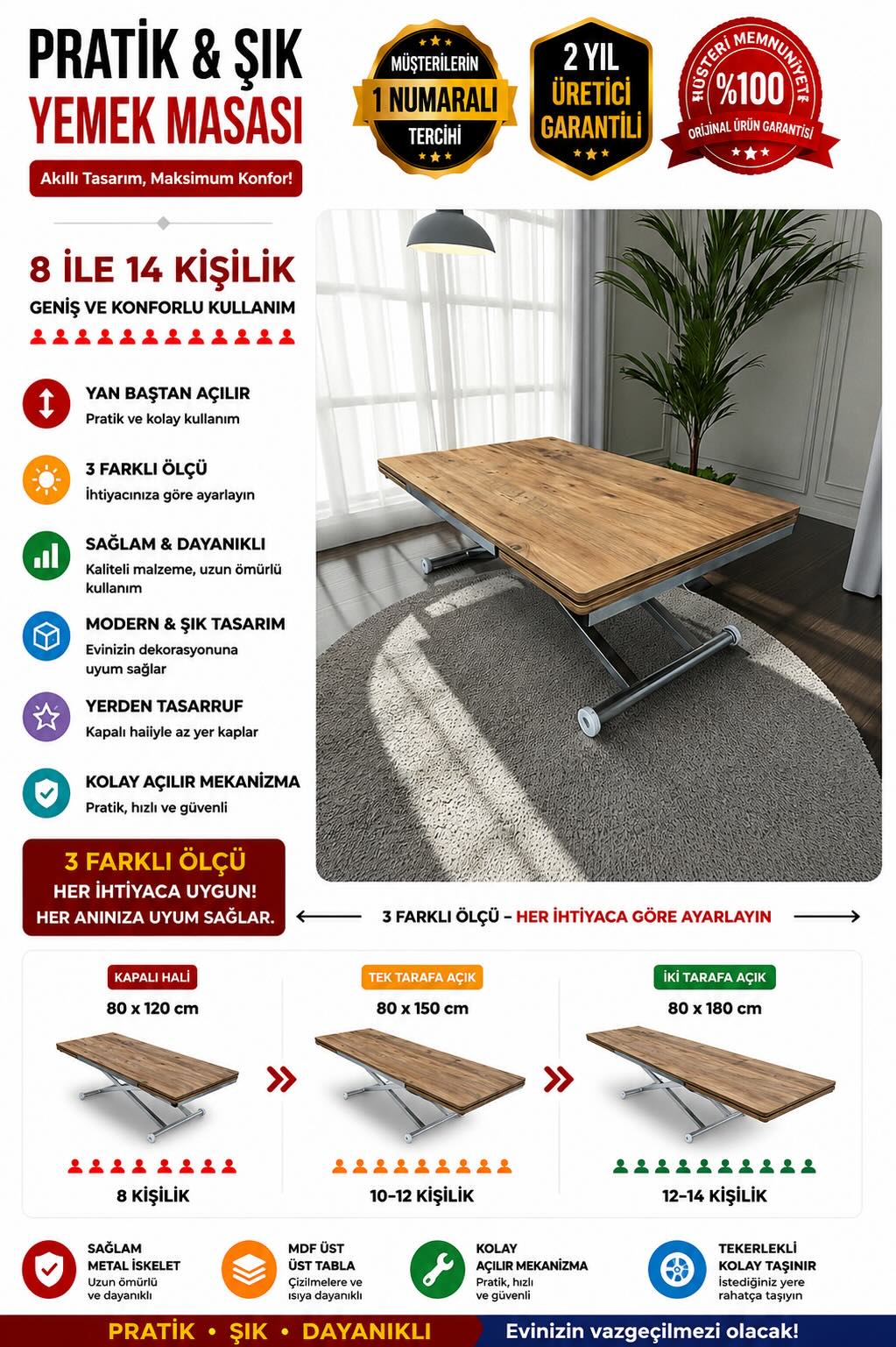Smart Extending Table | Efes Pine MDF & Chrome Legs