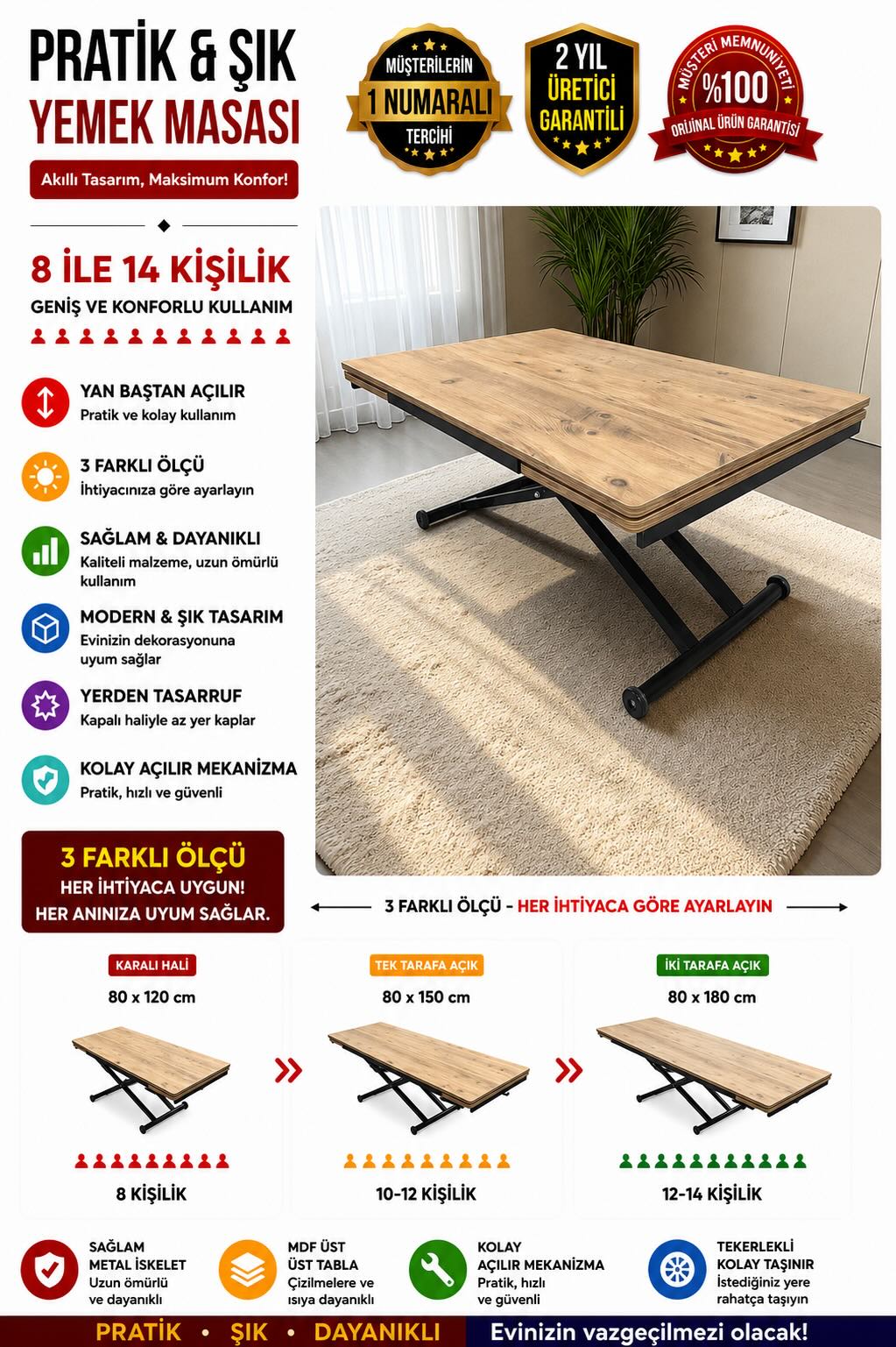 Side-Opening Smart Table | Efes Pine MDF & Black Legs