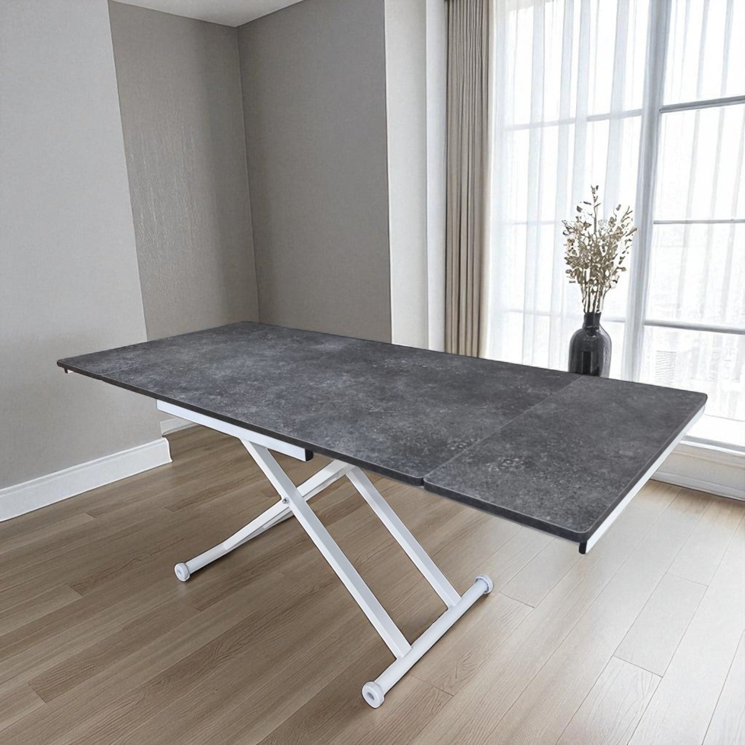 Smart Table with Side Opening | Routed Anthracite MDF & White Legs