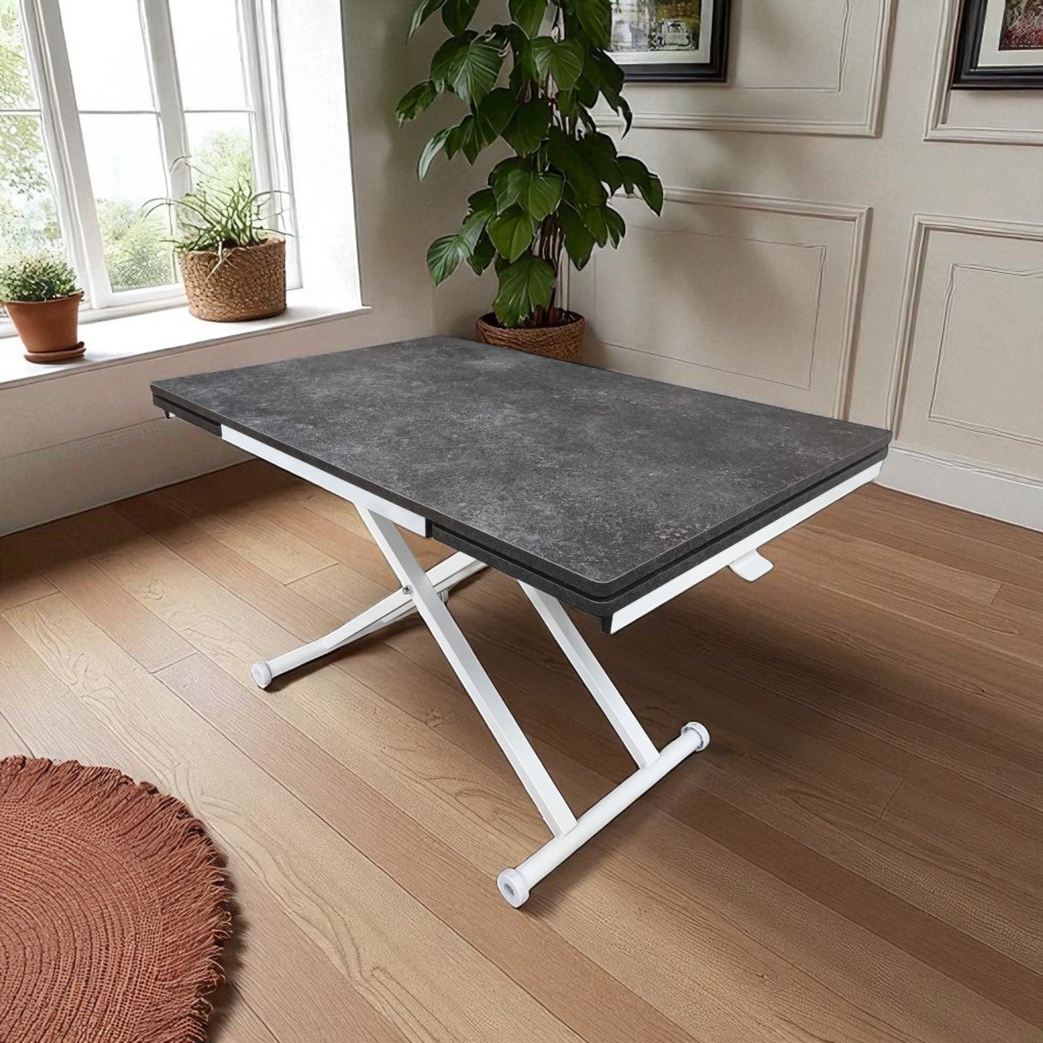 Smart Table with Side Opening | Routed Anthracite MDF & White Legs