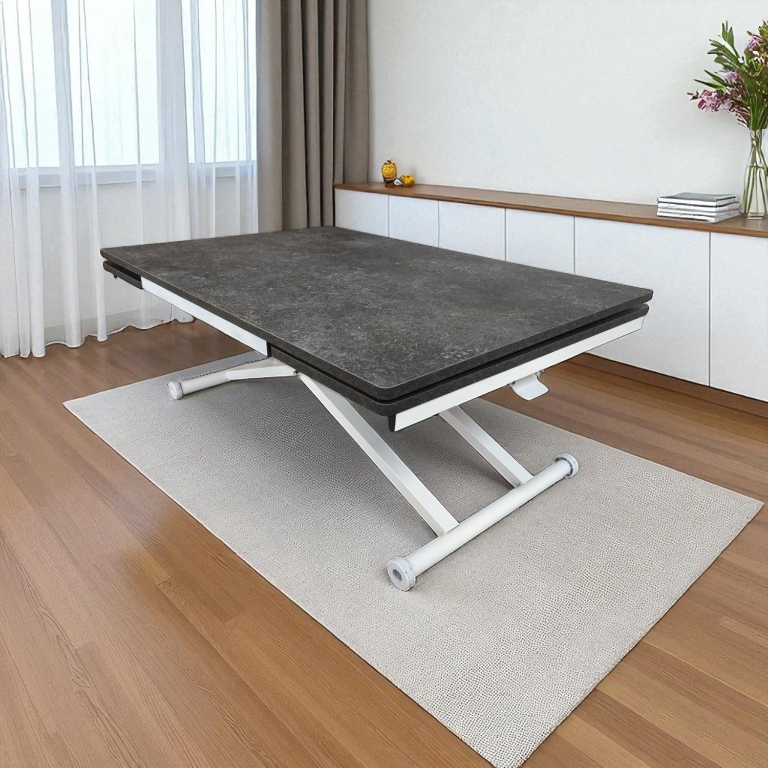 Smart Table with Side Opening | Routed Anthracite MDF & White Legs