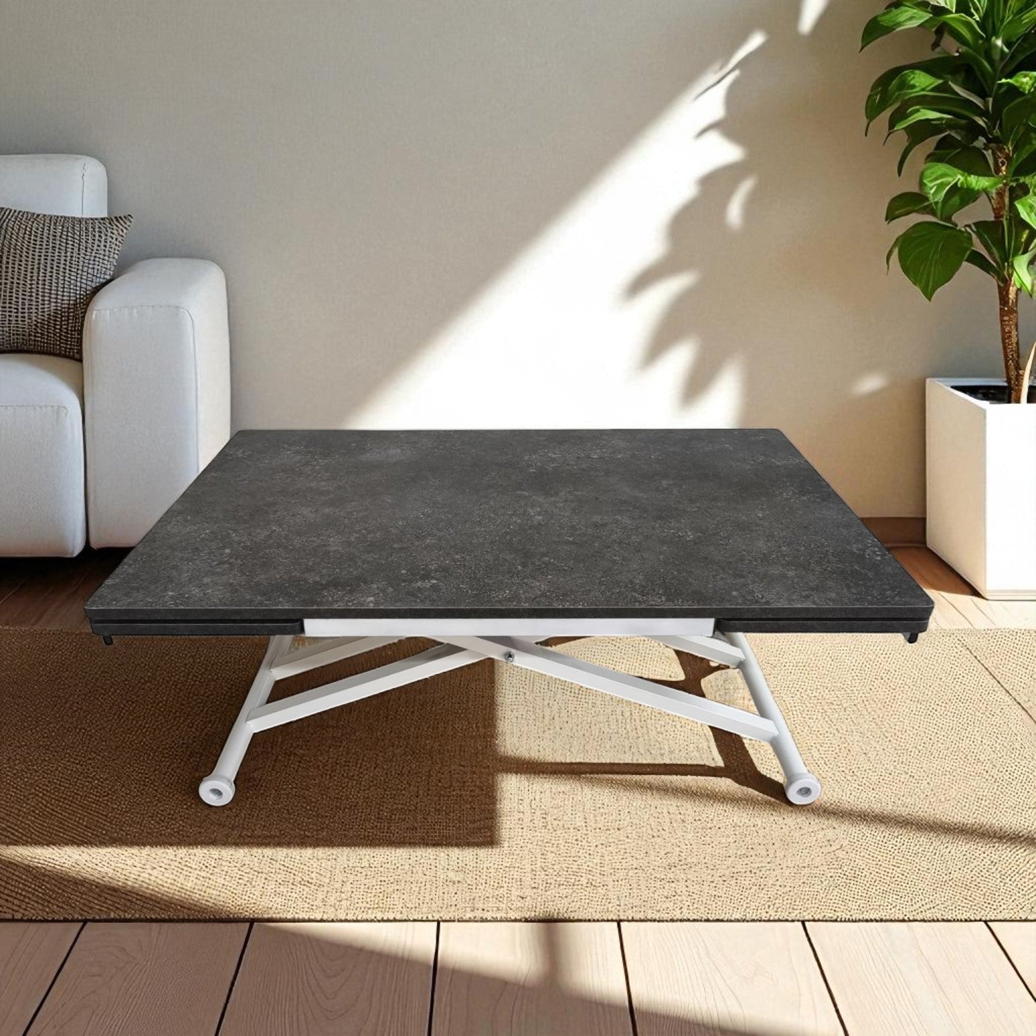 Smart Table with Side Opening | Routed Anthracite MDF & White Legs