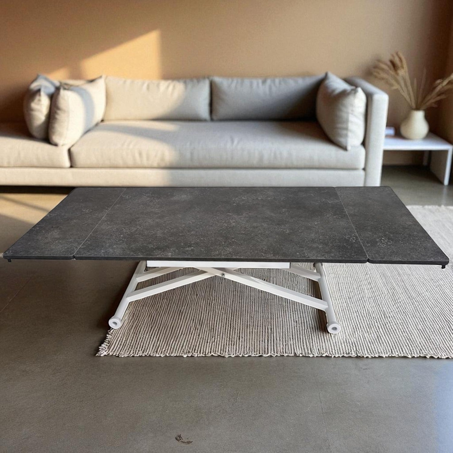 Smart Table with Side Opening | Routed Anthracite MDF & White Legs
