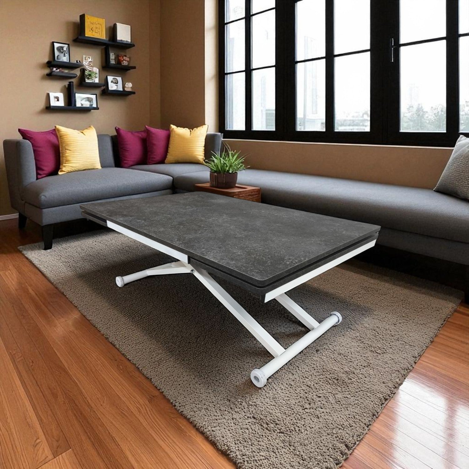 Smart Table with Side Opening | Routed Anthracite MDF & White Legs