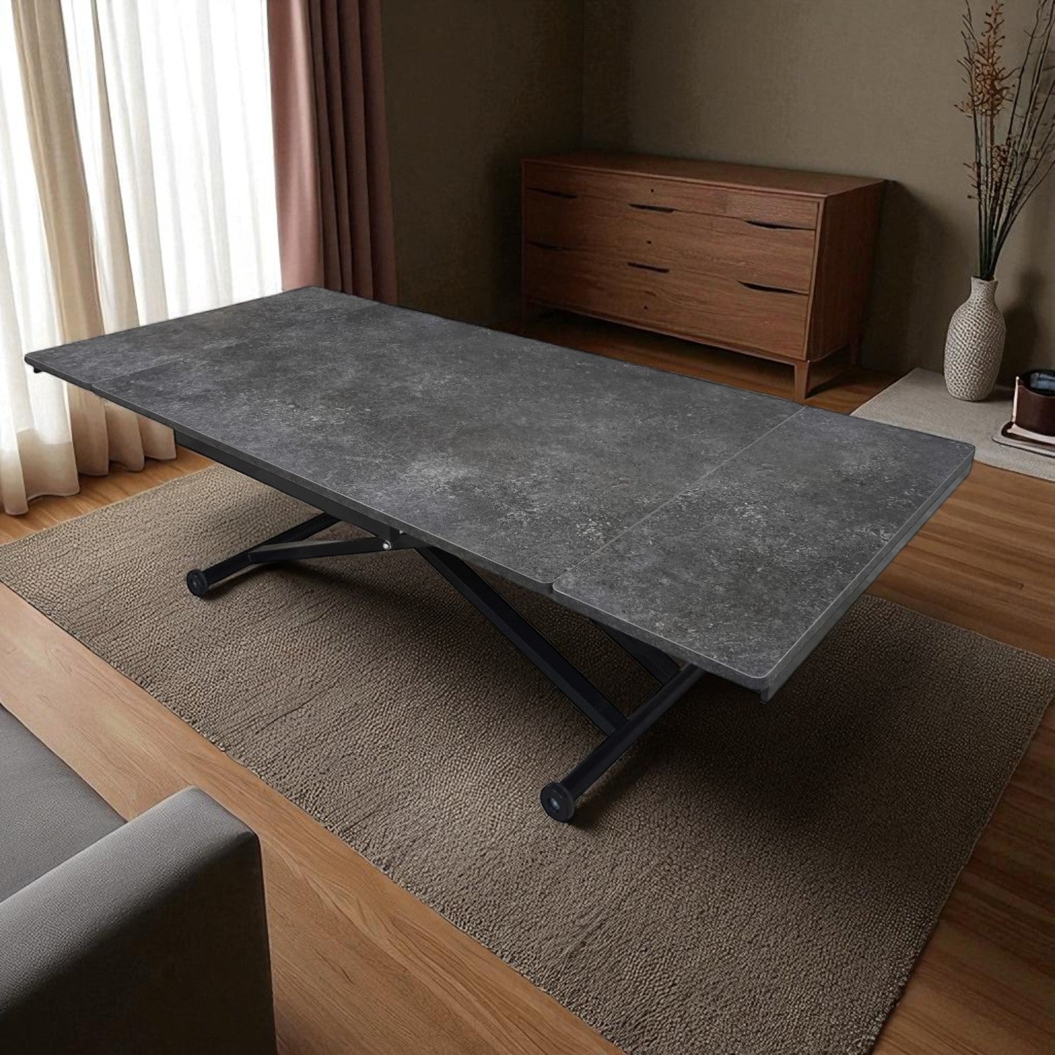 Side-Opening Smart Table | Routed Anthracite MDF & Black Legs