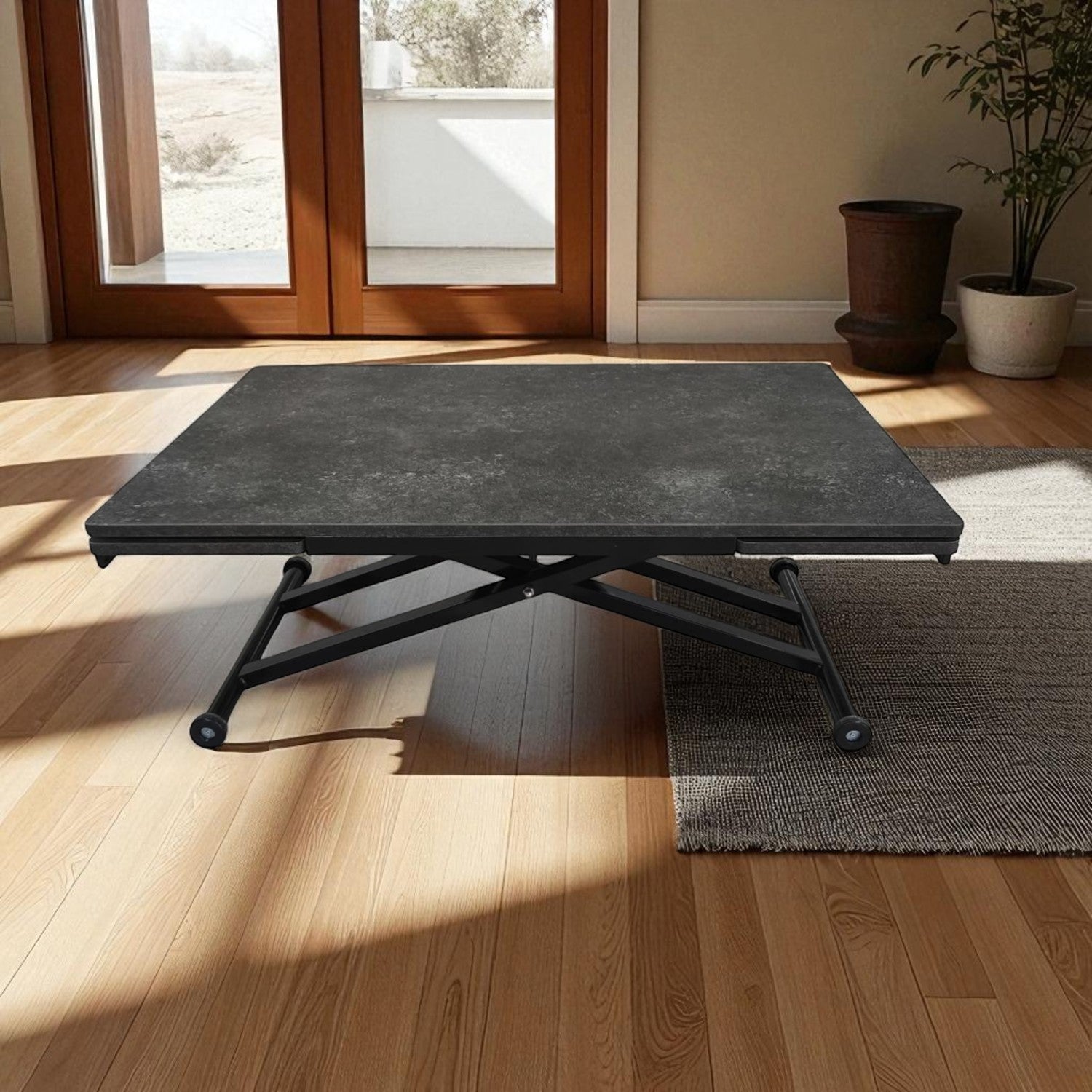 Side-Opening Smart Table | Routed Anthracite MDF & Black Legs