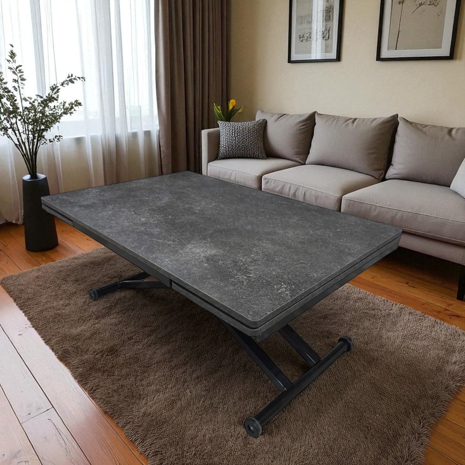 Side-Opening Smart Table | Routed Anthracite MDF & Black Legs