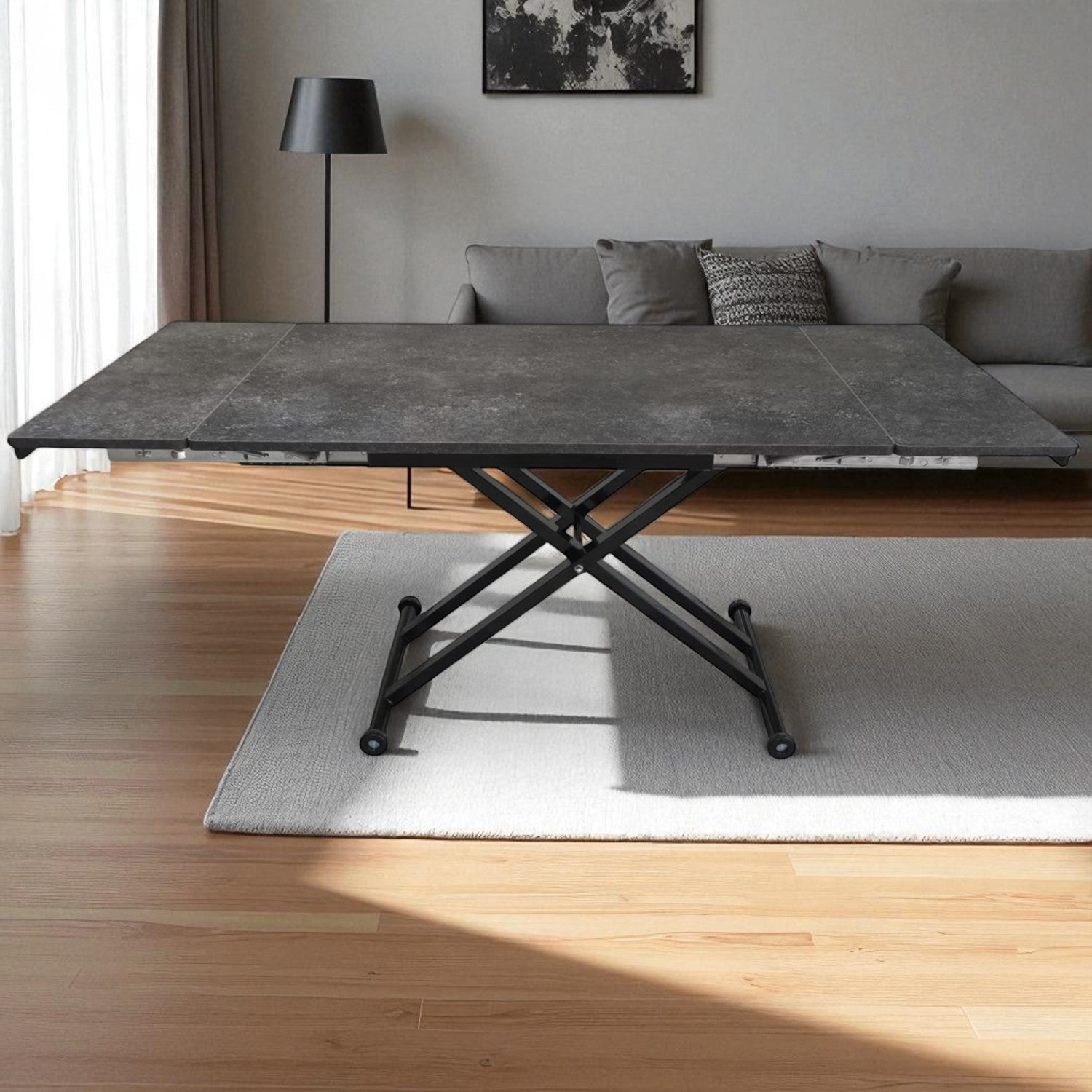 Side-Opening Smart Table | Routed Anthracite MDF & Black Legs