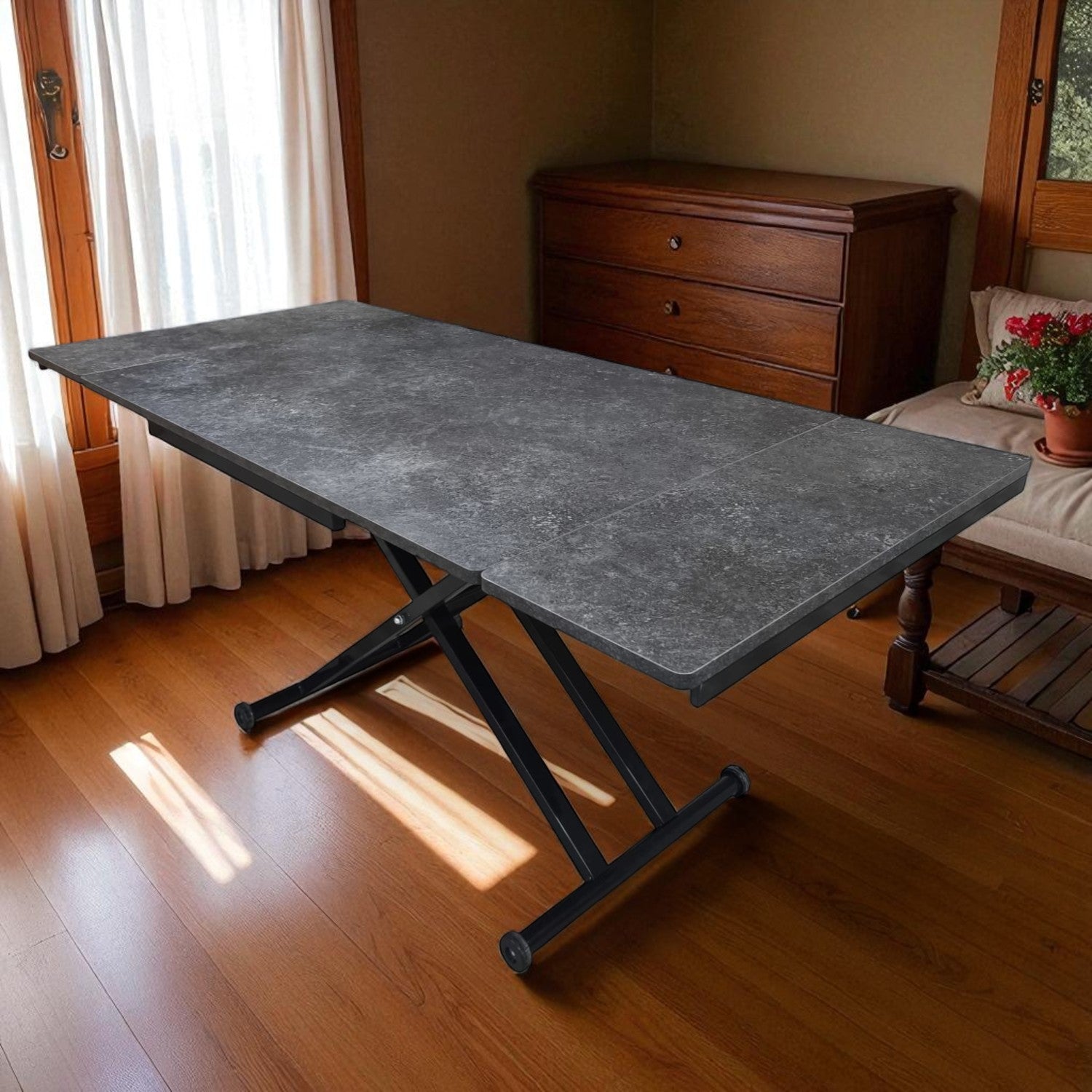 Side-Opening Smart Table | Routed Anthracite MDF & Black Legs