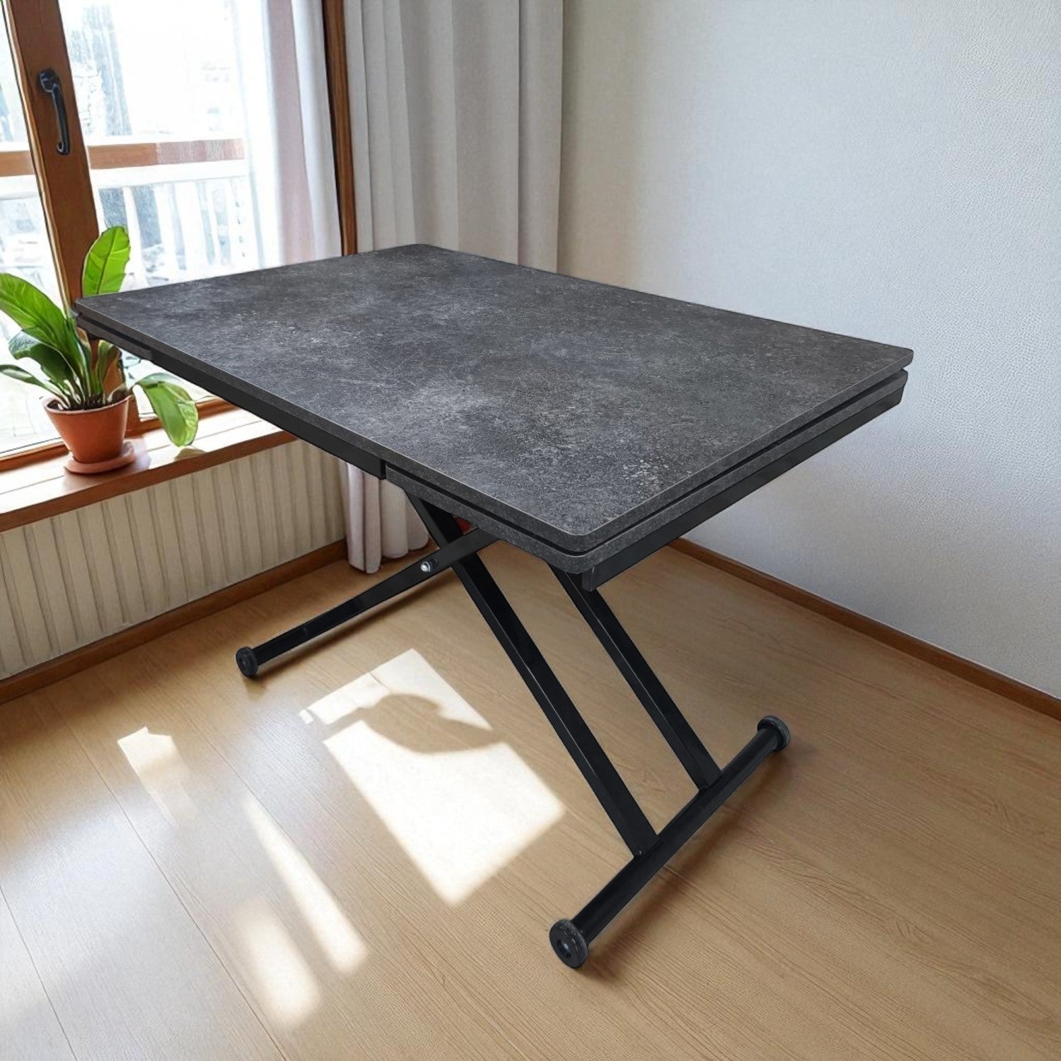 Side-Opening Smart Table | Routed Anthracite MDF & Black Legs