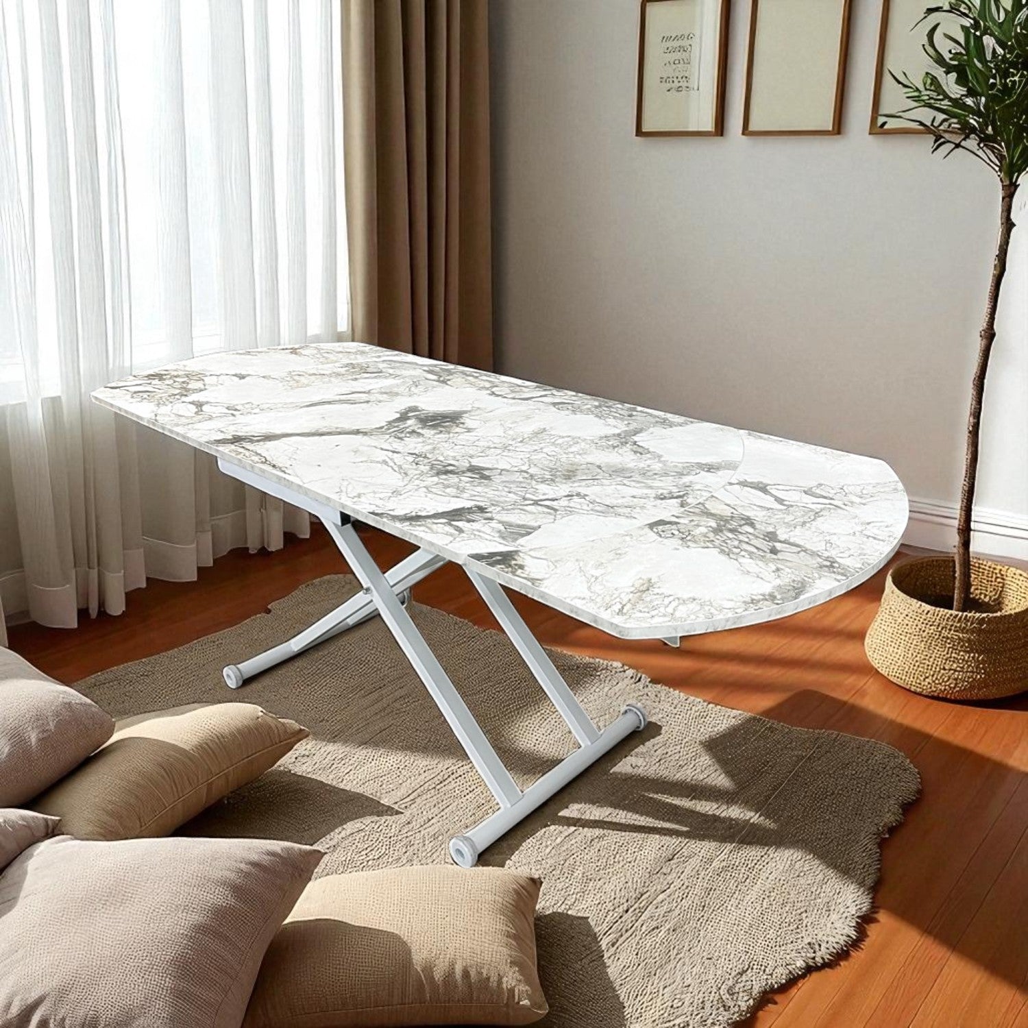 Oval Side Opening Smart Table | White Marble & White