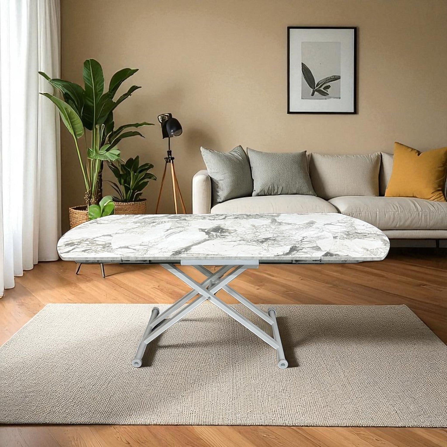 Oval Side Opening Smart Table | White Marble & White