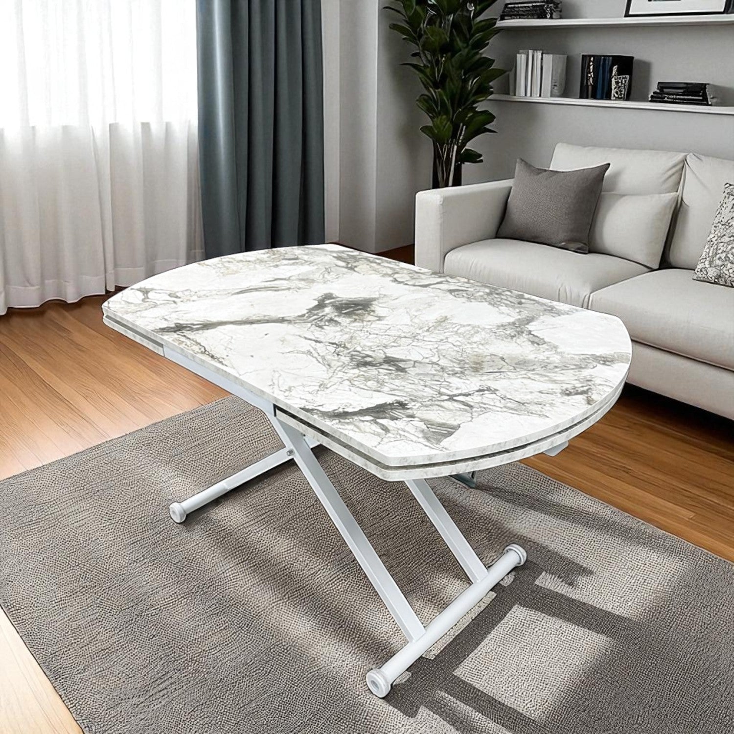 Oval Side Opening Smart Table | White Marble & White