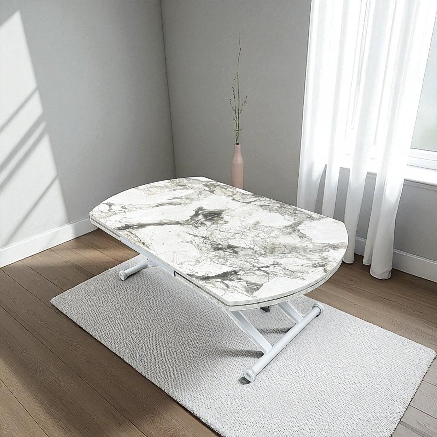 Oval Side Opening Smart Table | White Marble & White