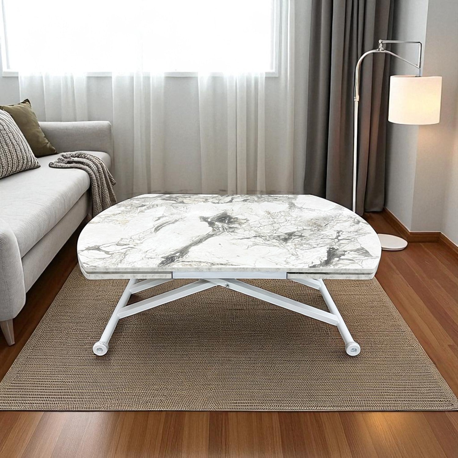 Oval Side Opening Smart Table | White Marble & White