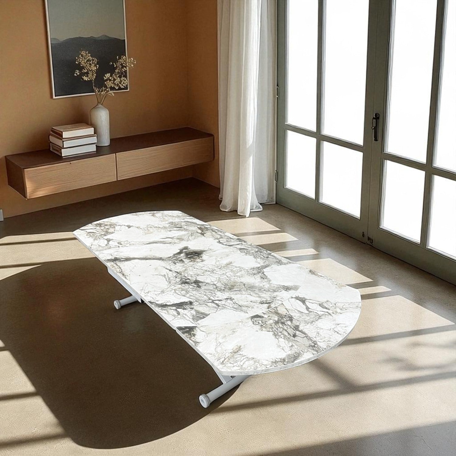 Oval Side Opening Smart Table | White Marble & White