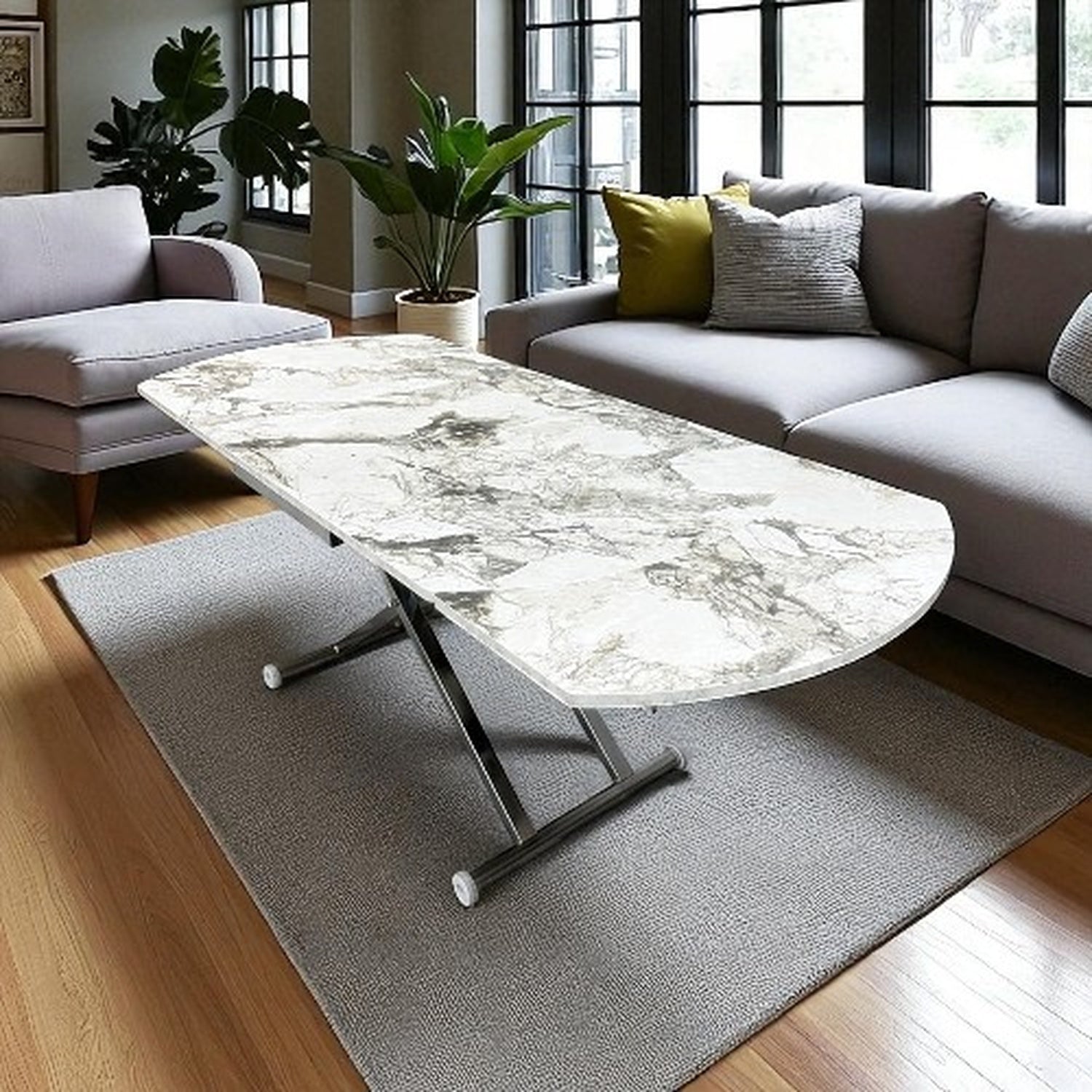 Oval Side-Opening Smart Table | White Marble & Chrome