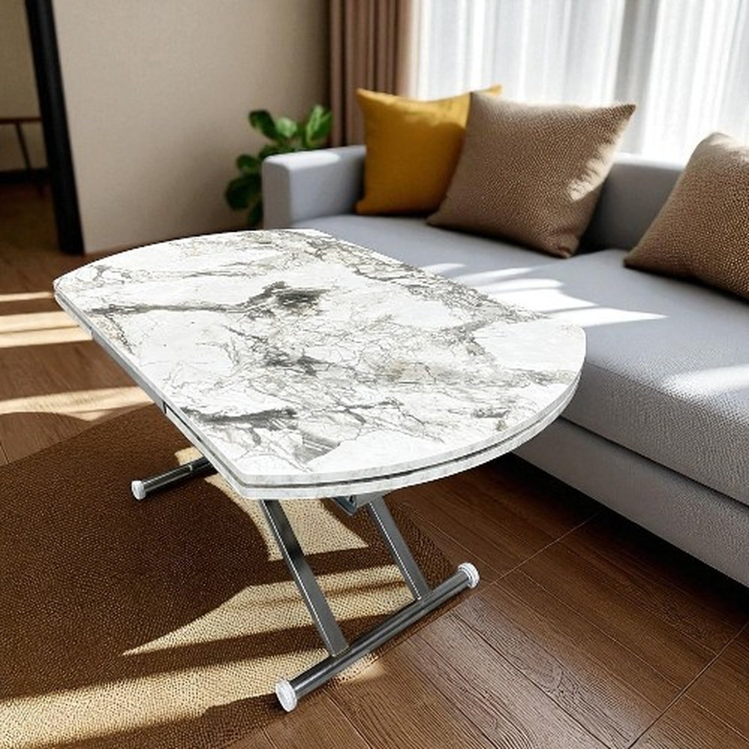 Oval Side-Opening Smart Table | White Marble & Chrome