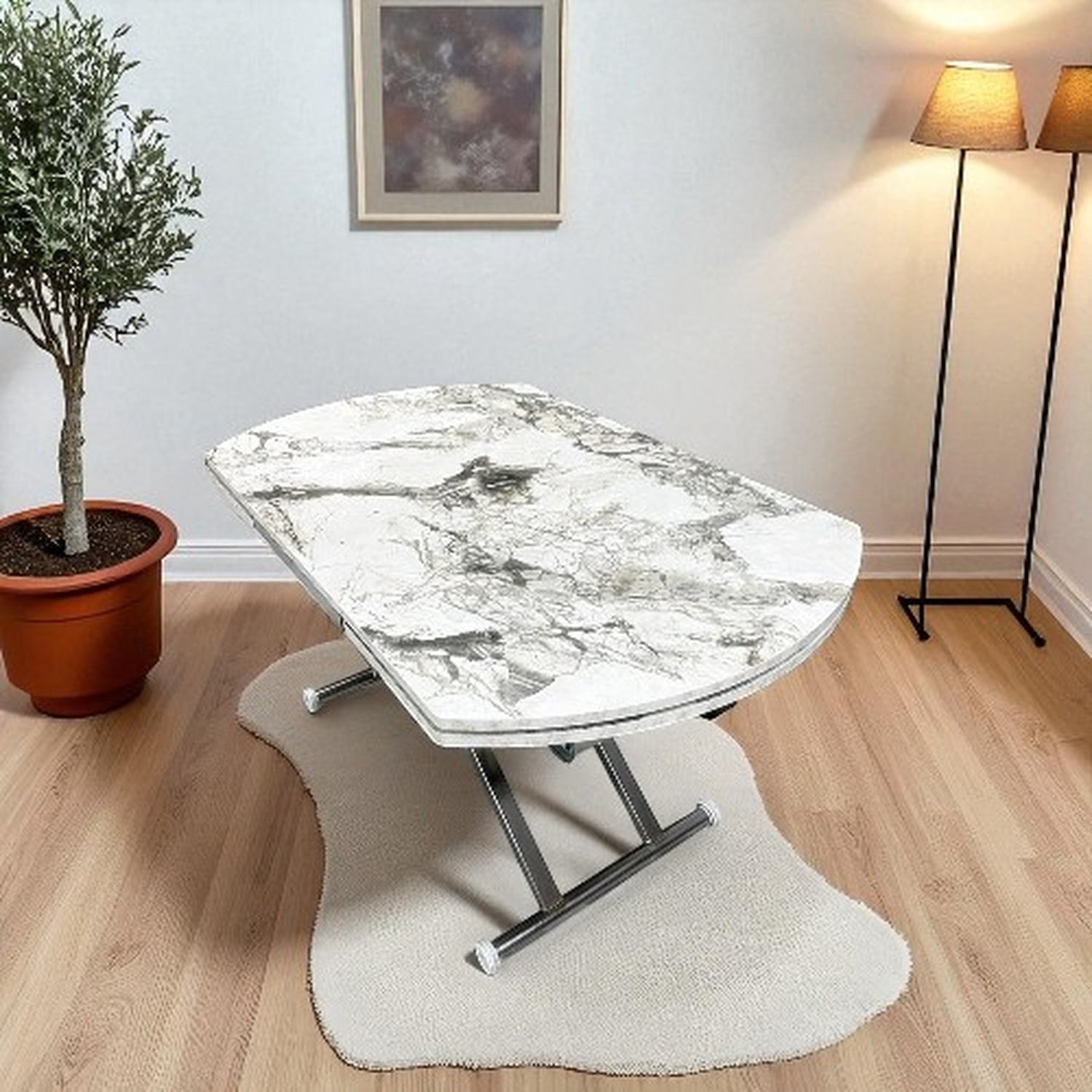 Oval Side-Opening Smart Table | White Marble & Chrome