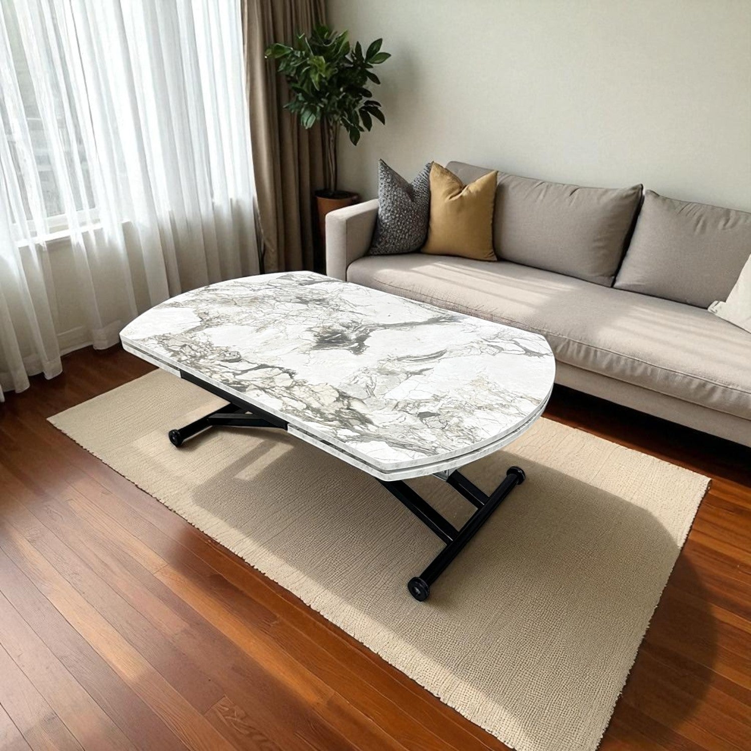 Oval Side Opening Smart Table | White Marble & Black