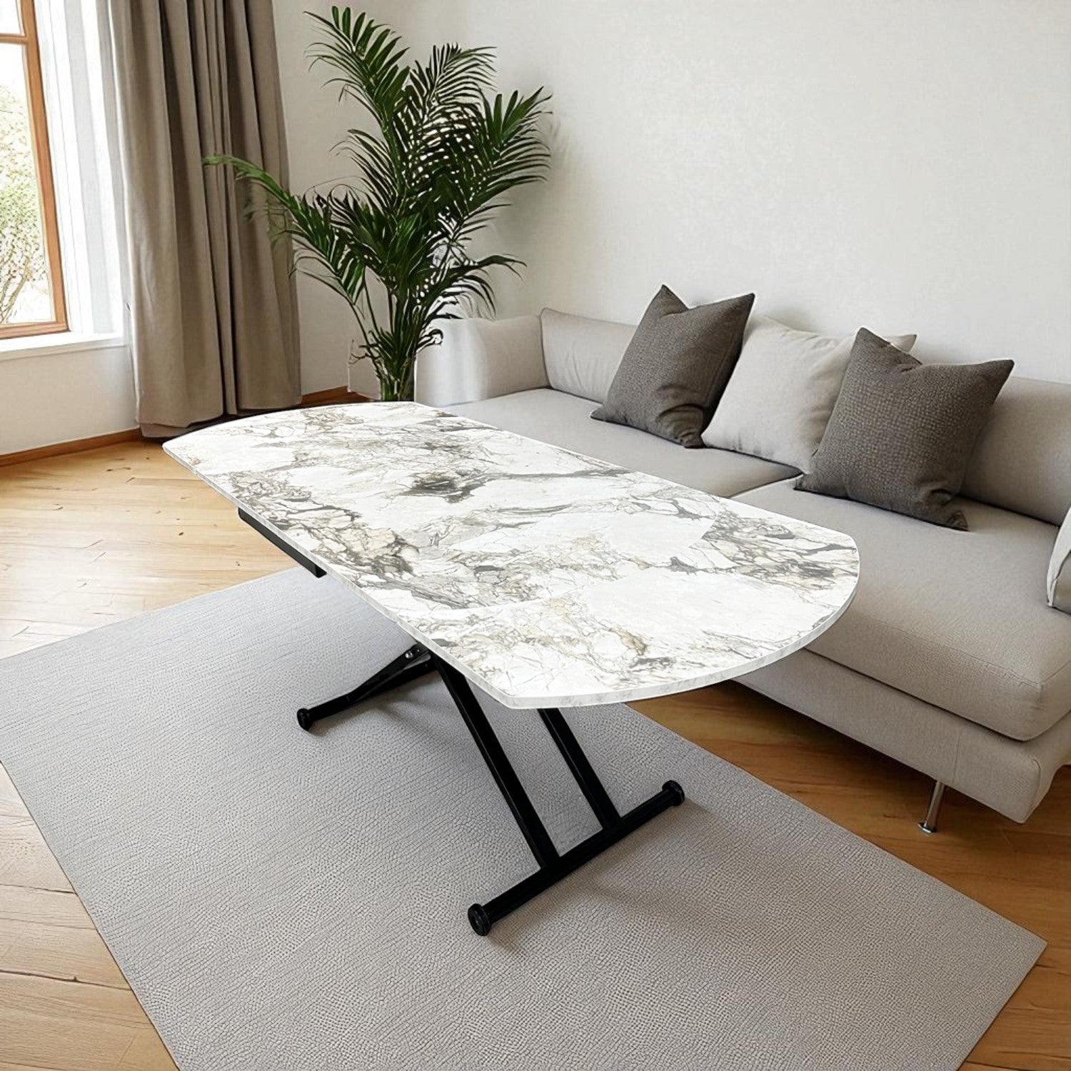 Oval Side Opening Smart Table | White Marble & Black