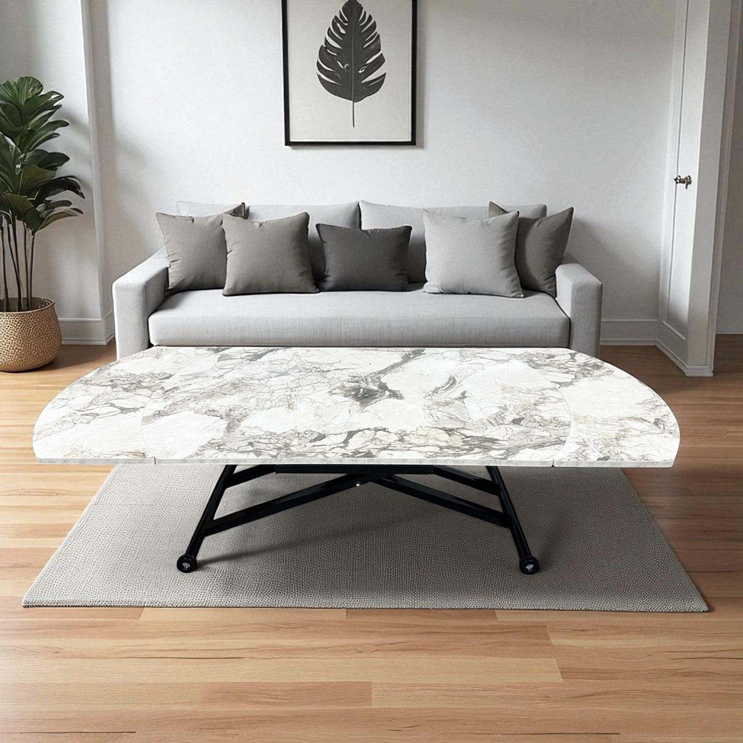 Oval Side Opening Smart Table | White Marble & Black