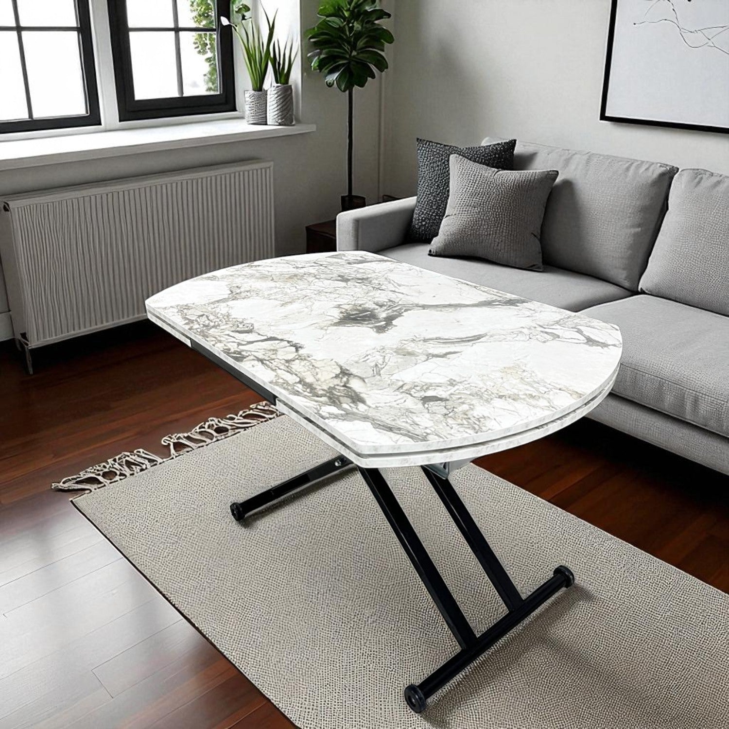 Oval Side Opening Smart Table | White Marble & Black