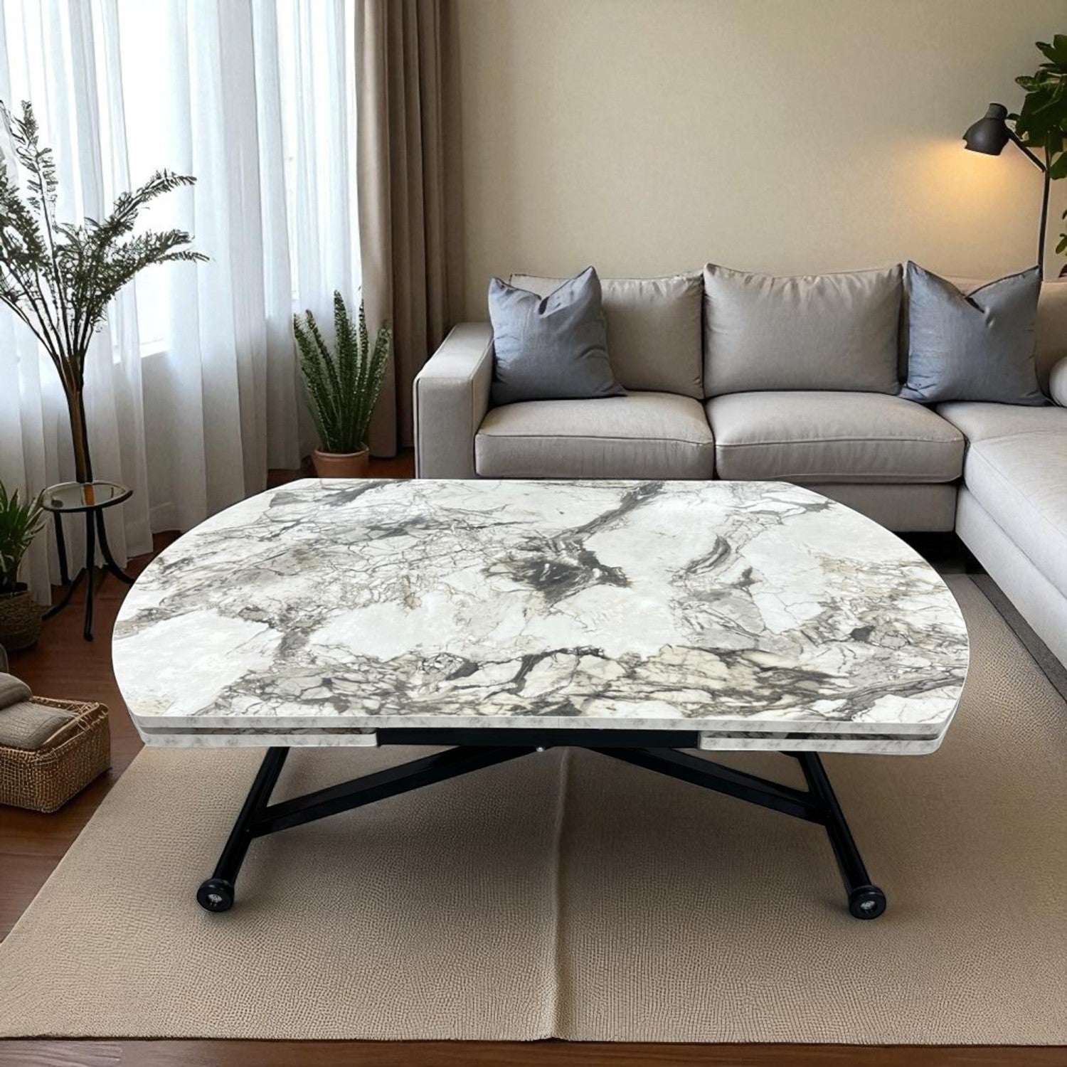 Oval Side Opening Smart Table | White Marble & Black