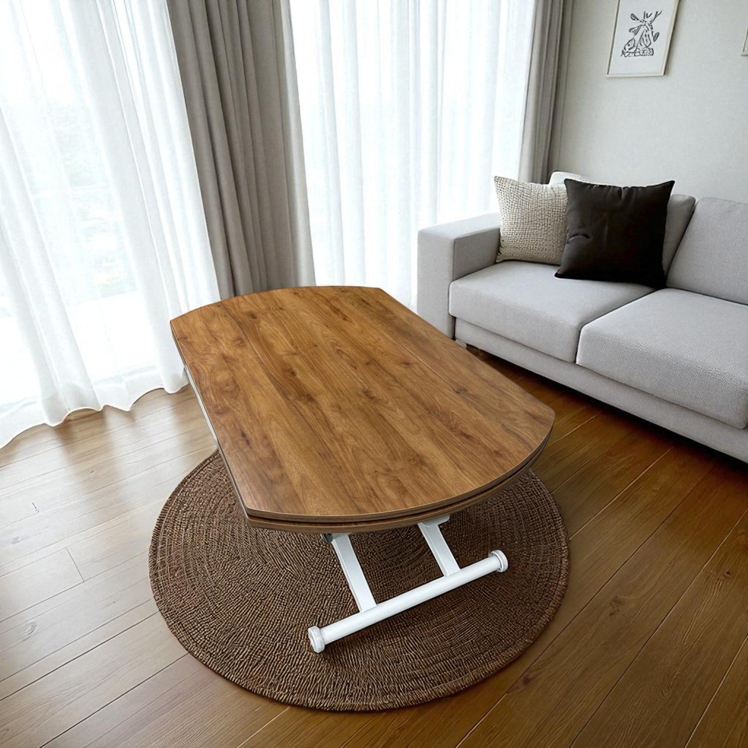 Oval Side-Opening Smart Table | Walnut MDF & White