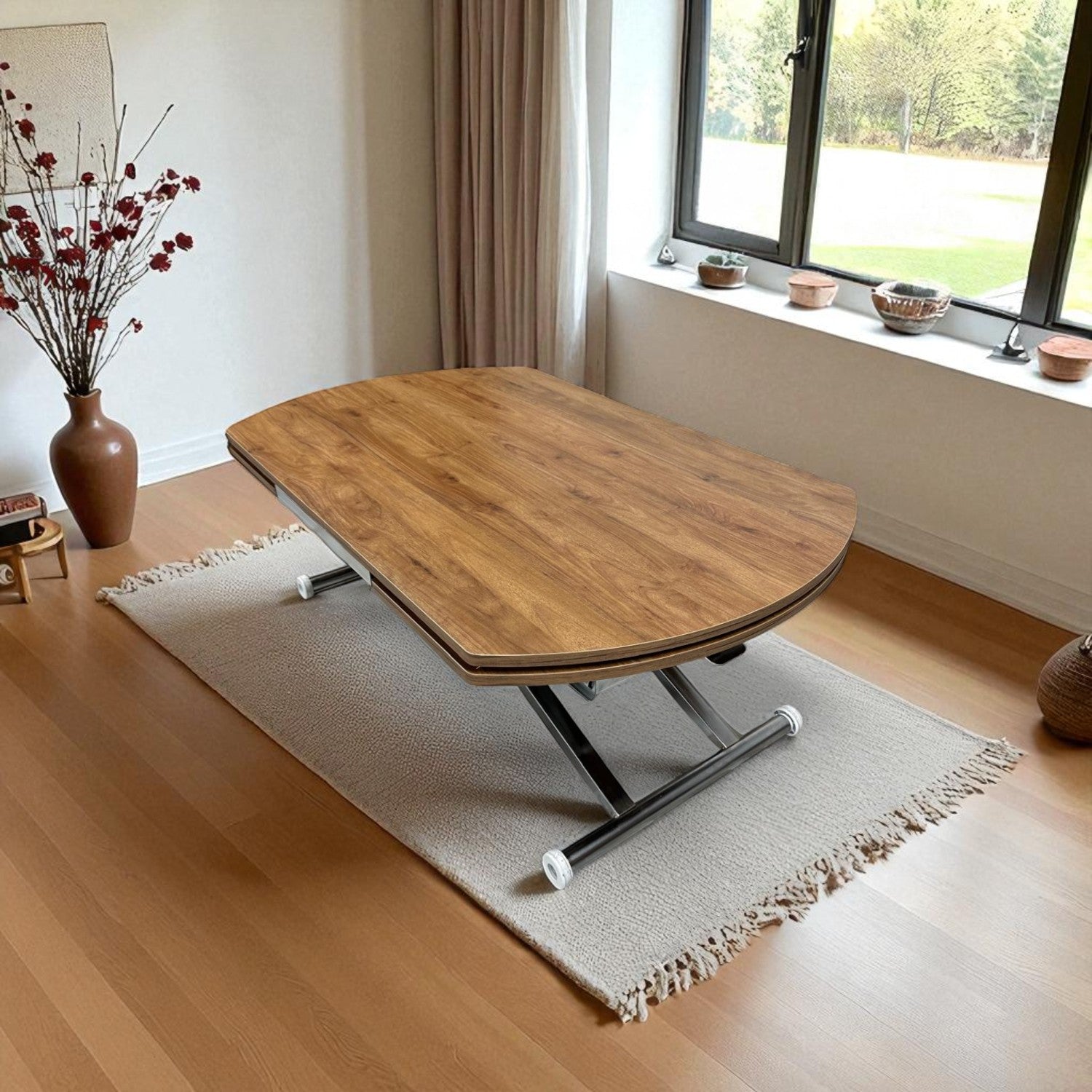 Oval Side-Opening Smart Table | Walnut MDF & Chrome