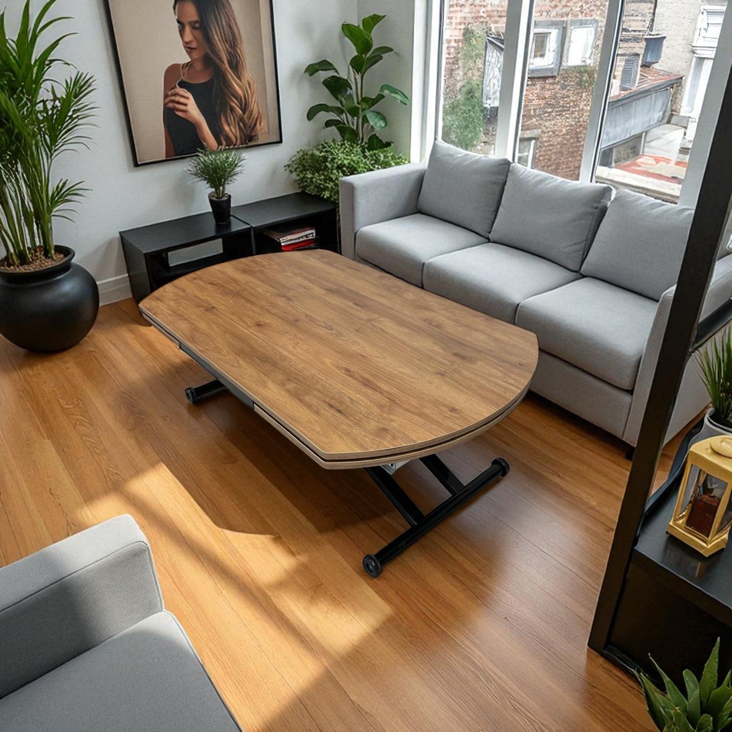 Oval Side-Opening Smart Table | Walnut MDF & Black