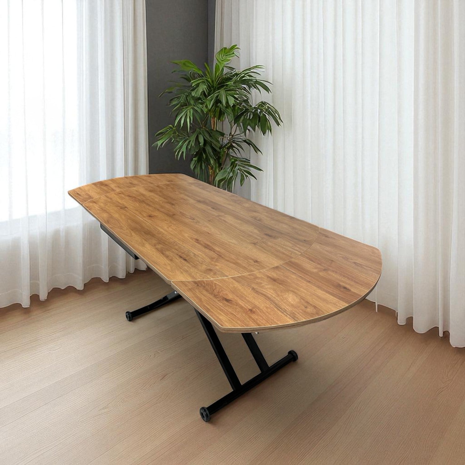 Oval Side-Opening Smart Table | Walnut MDF & Black