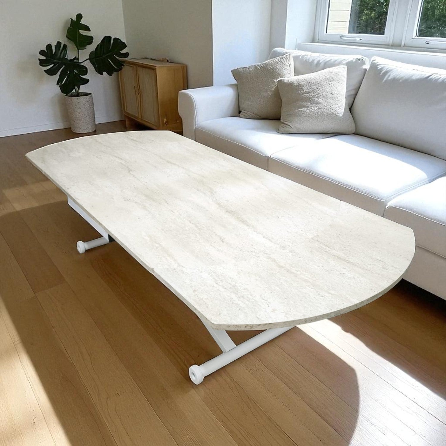 Oval Side Opening Smart Table | Travertine MDF & White