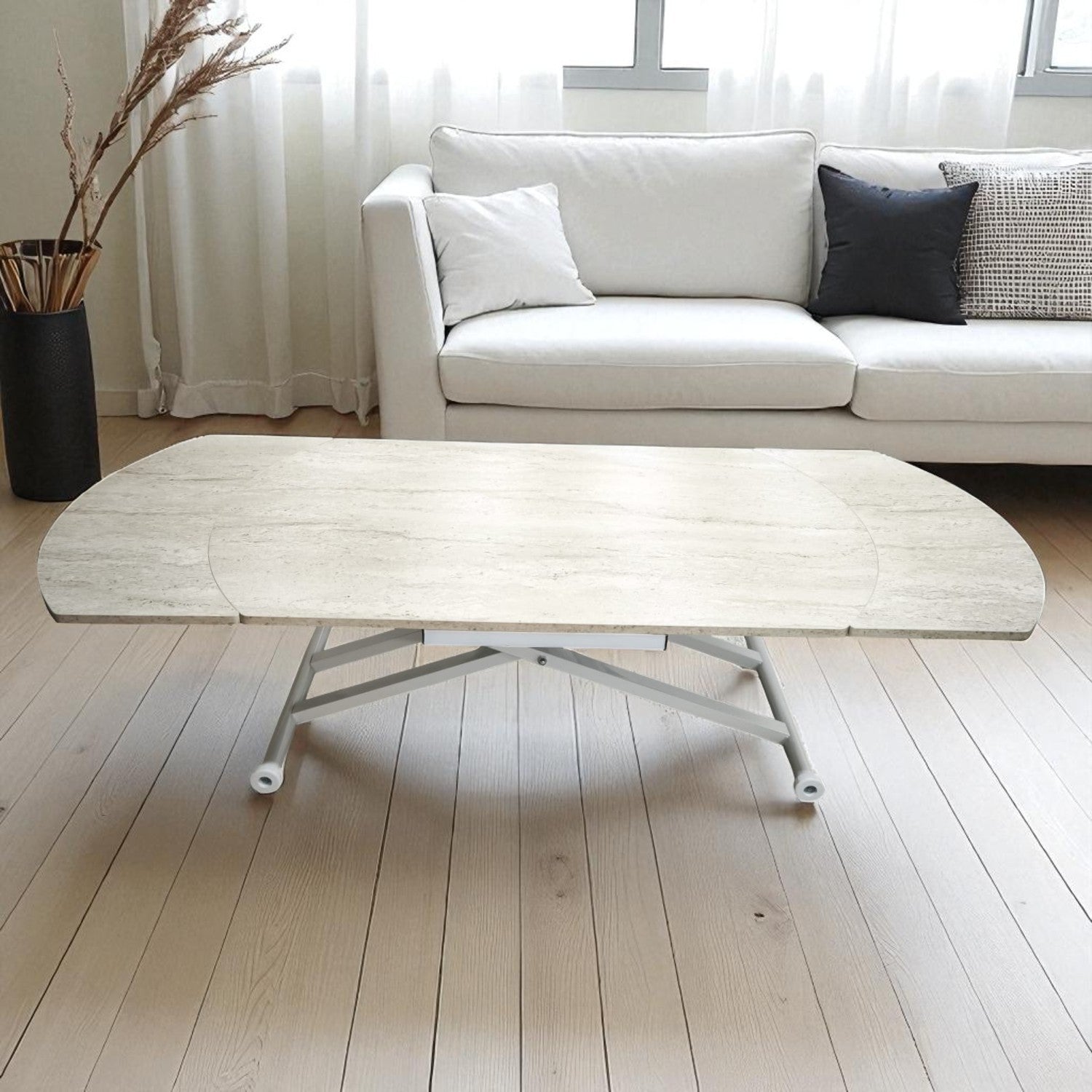 Oval Side Opening Smart Table | Travertine MDF & White