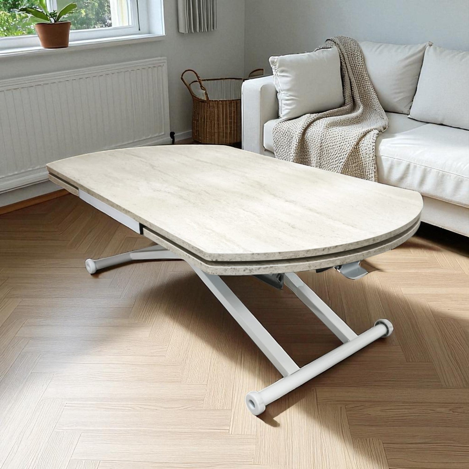 Oval Side Opening Smart Table | Travertine MDF & White