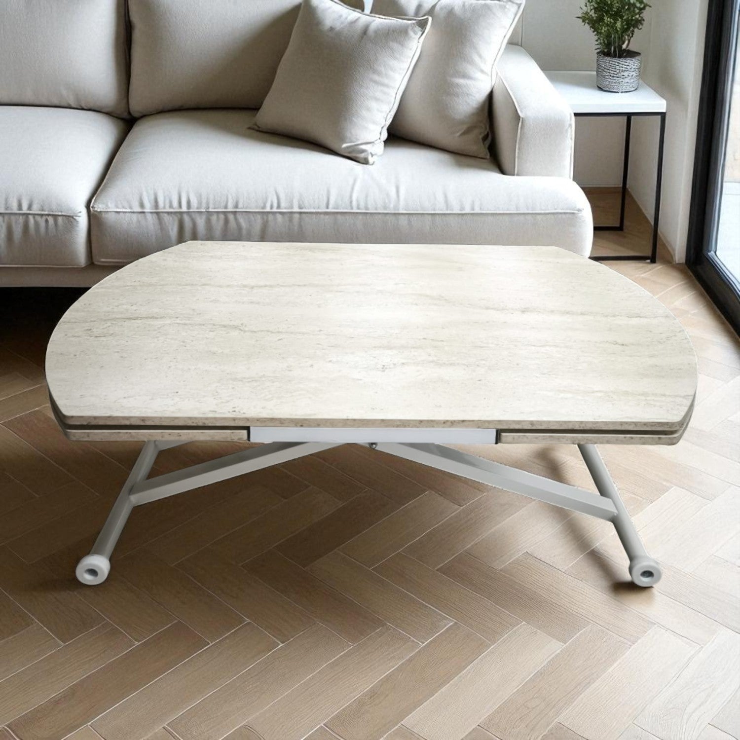 Oval Side Opening Smart Table | Travertine MDF & White