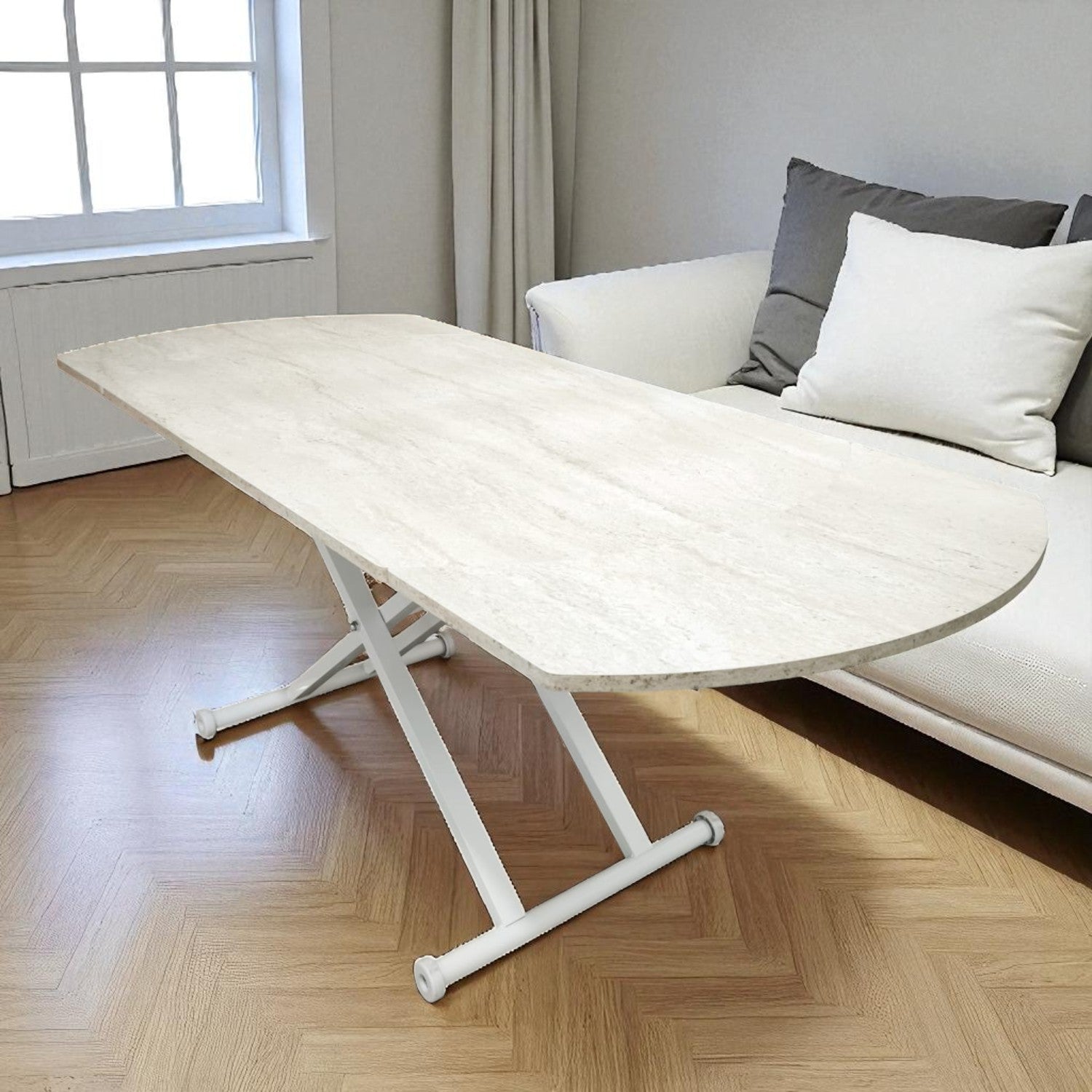 Oval Side Opening Smart Table | Travertine MDF & White